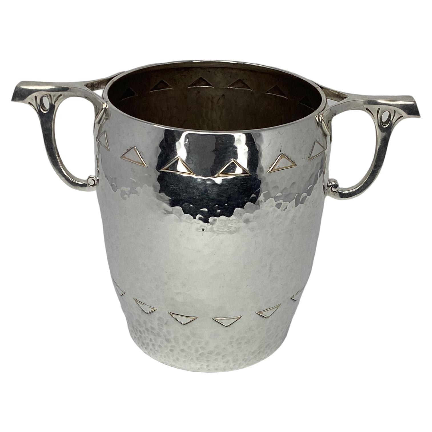 Antique German Art Noveau Hammered Silver Plate Ice Bucket or Wine Cooler For Sale