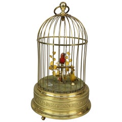 Vintage German Automaton Double Singing Birds in Brass Cage, Music Box, circa 1930