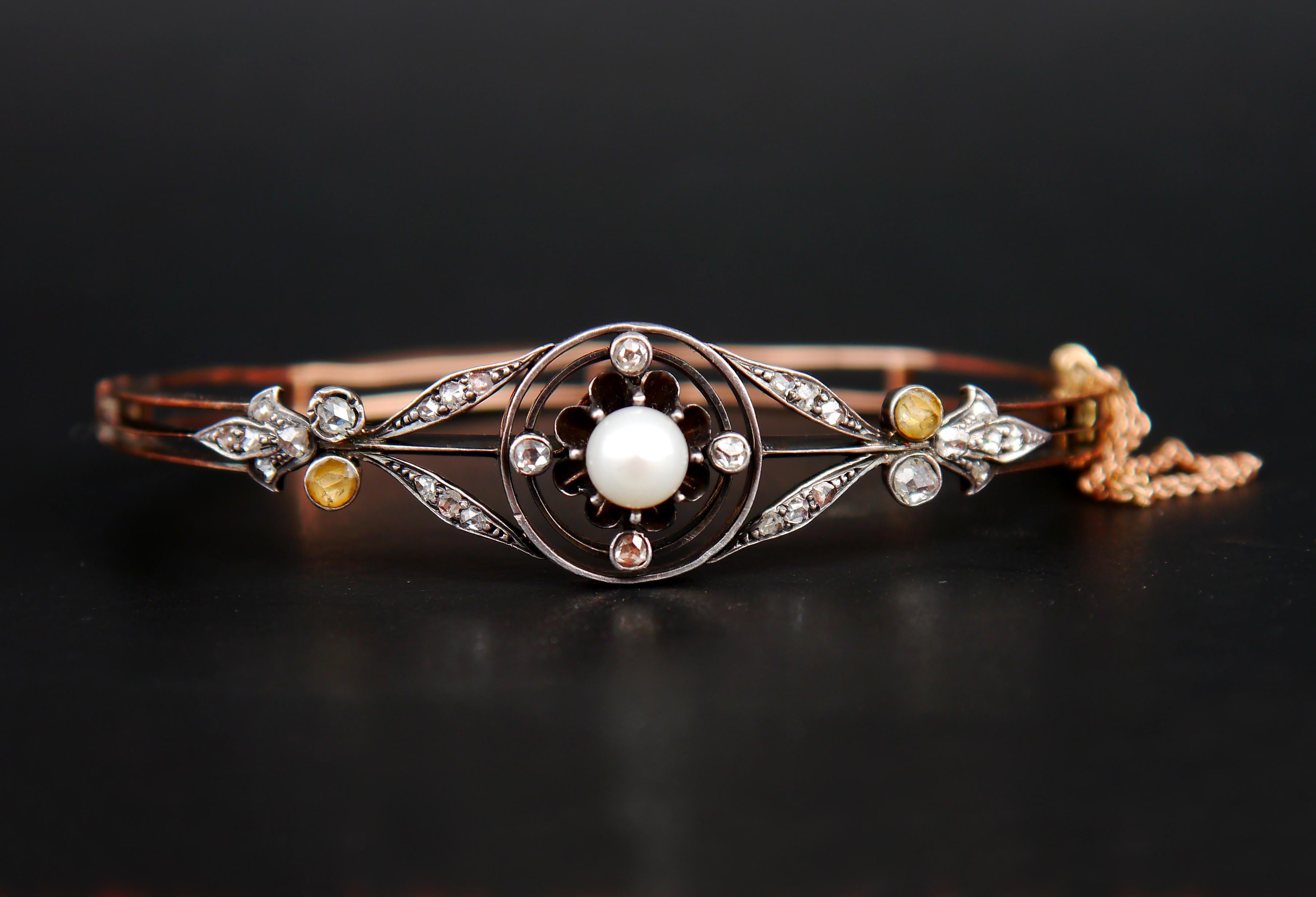 Antique German Bangle Bracelet 1ctw Diamonds Pearl 14K Rose Gold Silver /16.5grg For Sale 5