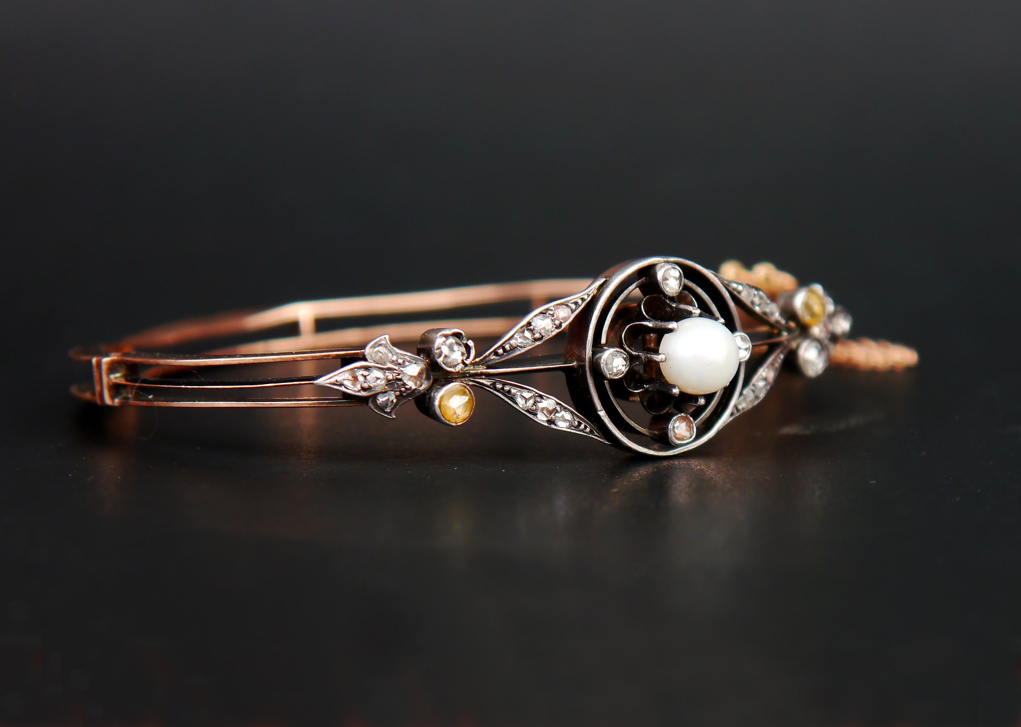 Antique German Bangle Bracelet 1ctw Diamonds Pearl 14K Rose Gold Silver /16.5grg For Sale 6