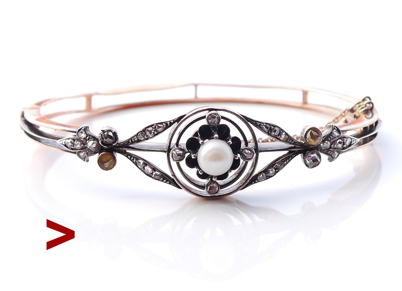 Art Nouveau Antique German Bangle Bracelet 1ctw Diamonds Pearl 14K Rose Gold Silver /16.5grg For Sale