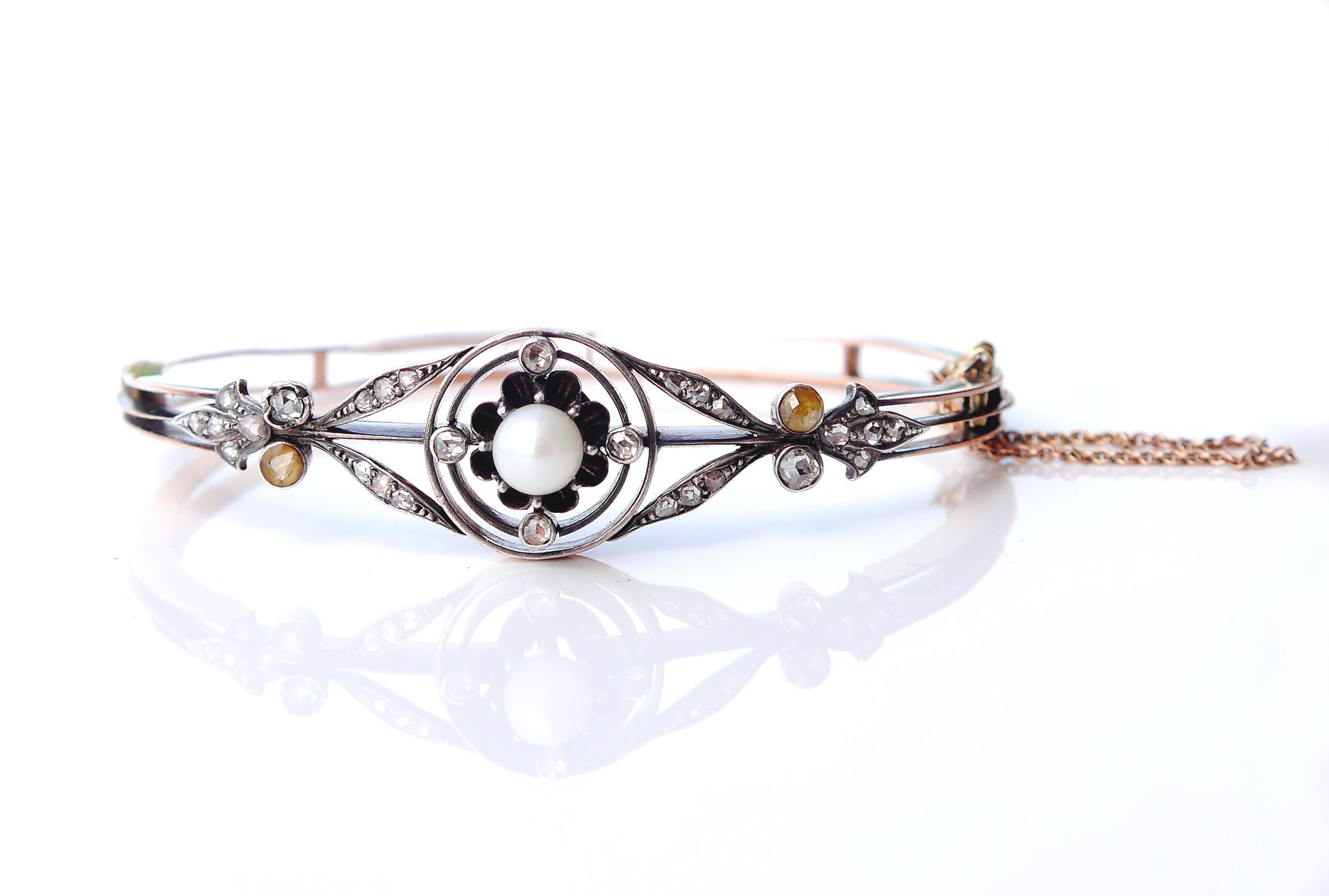 Rose Cut Antique German Bangle Bracelet 1ctw Diamonds Pearl 14K Rose Gold Silver /16.5grg For Sale