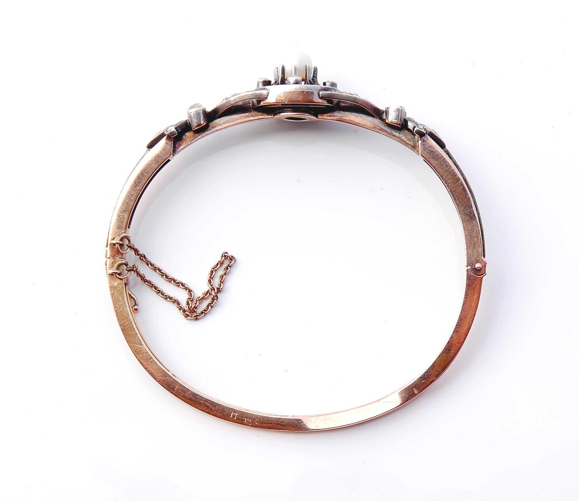 Women's Antique German Bangle Bracelet 1ctw Diamonds Pearl 14K Rose Gold Silver /16.5grg For Sale
