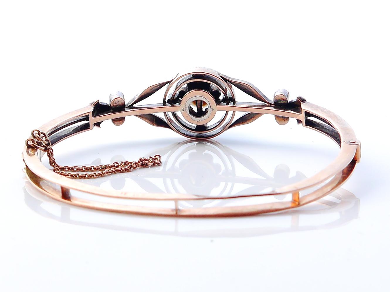 Antique German Bangle Bracelet 1ctw Diamonds Pearl 14K Rose Gold Silver /16.5grg For Sale 1