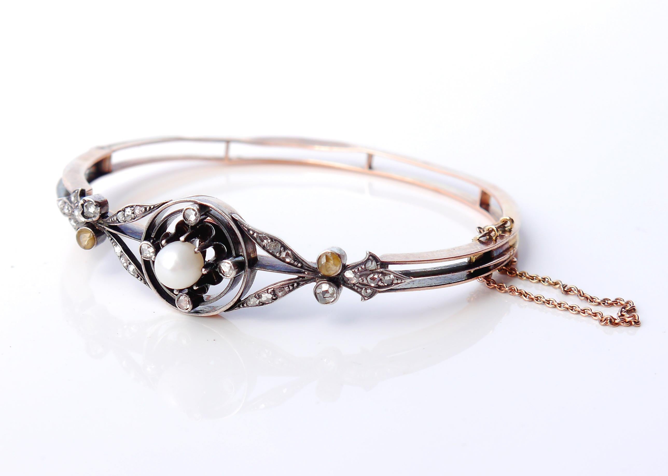 Antique German Bangle Bracelet 1ctw Diamonds Pearl 14K Rose Gold Silver /16.5grg For Sale 2