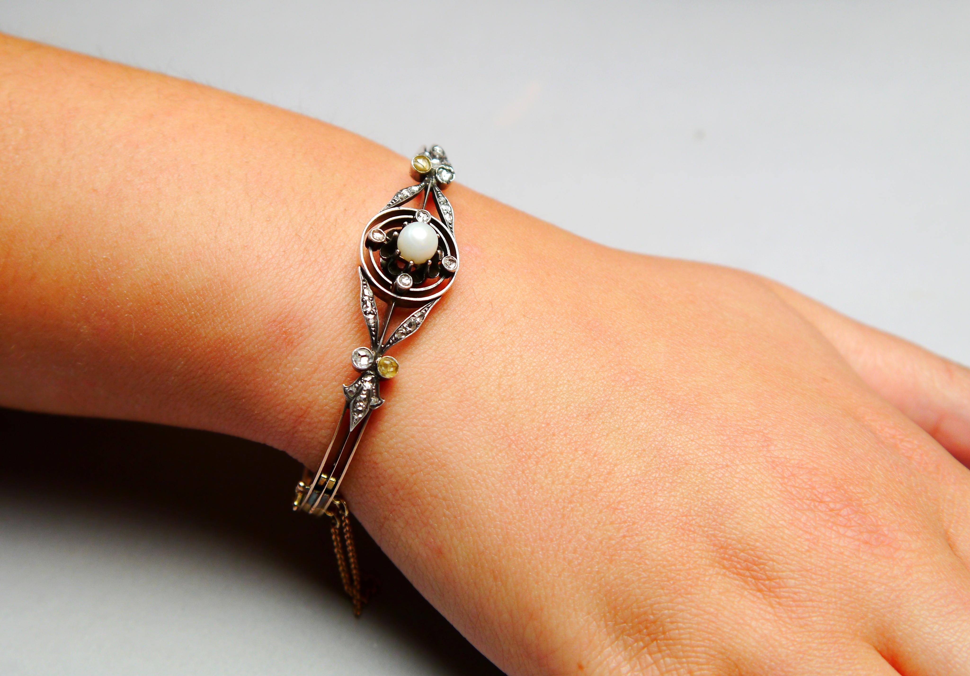 Antique German Bangle Bracelet 1ctw Diamonds Pearl 14K Rose Gold Silver /16.5grg For Sale 3
