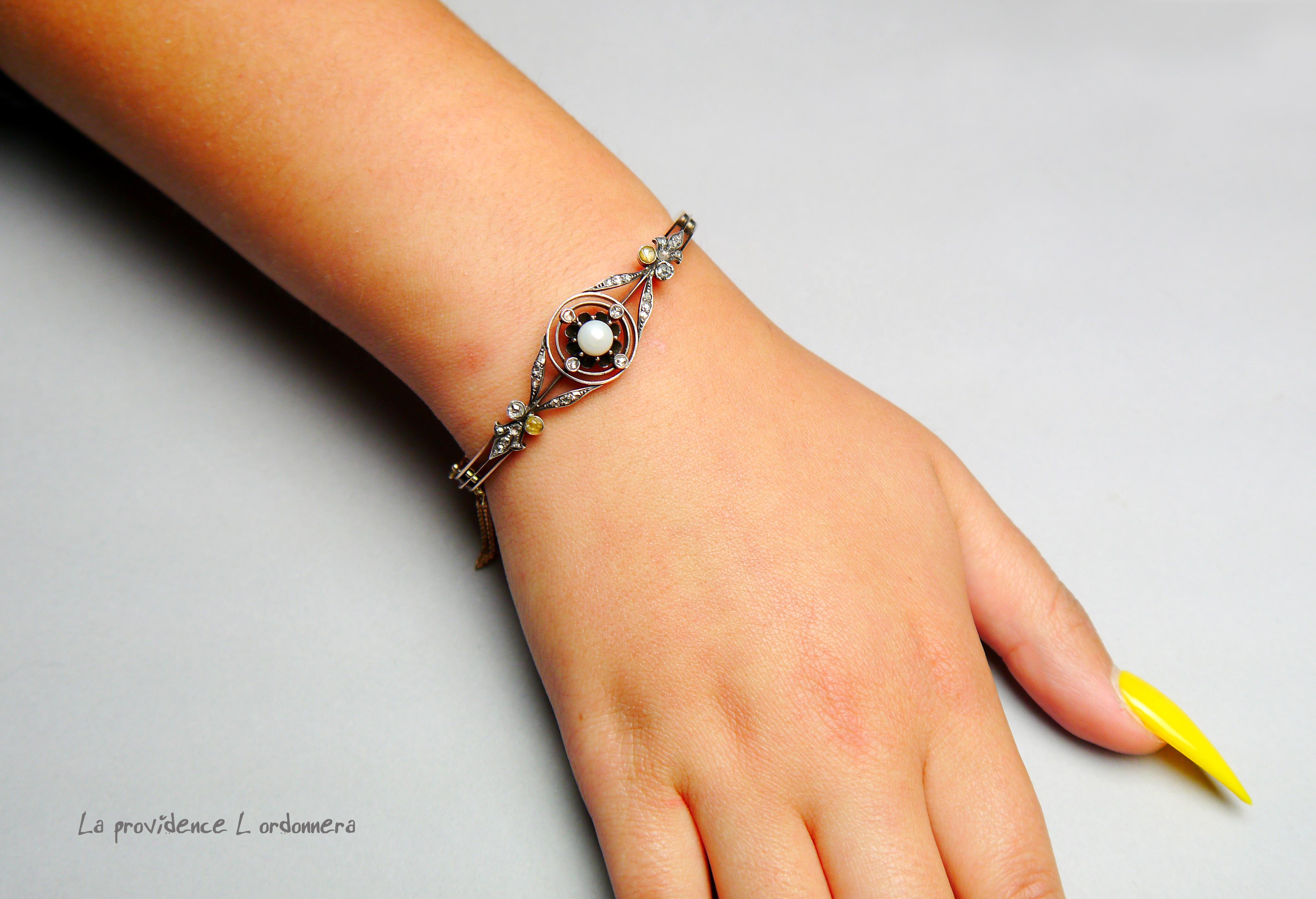 Antique German Bangle Bracelet 1ctw Diamonds Pearl 14K Rose Gold Silver /16.5grg For Sale 4
