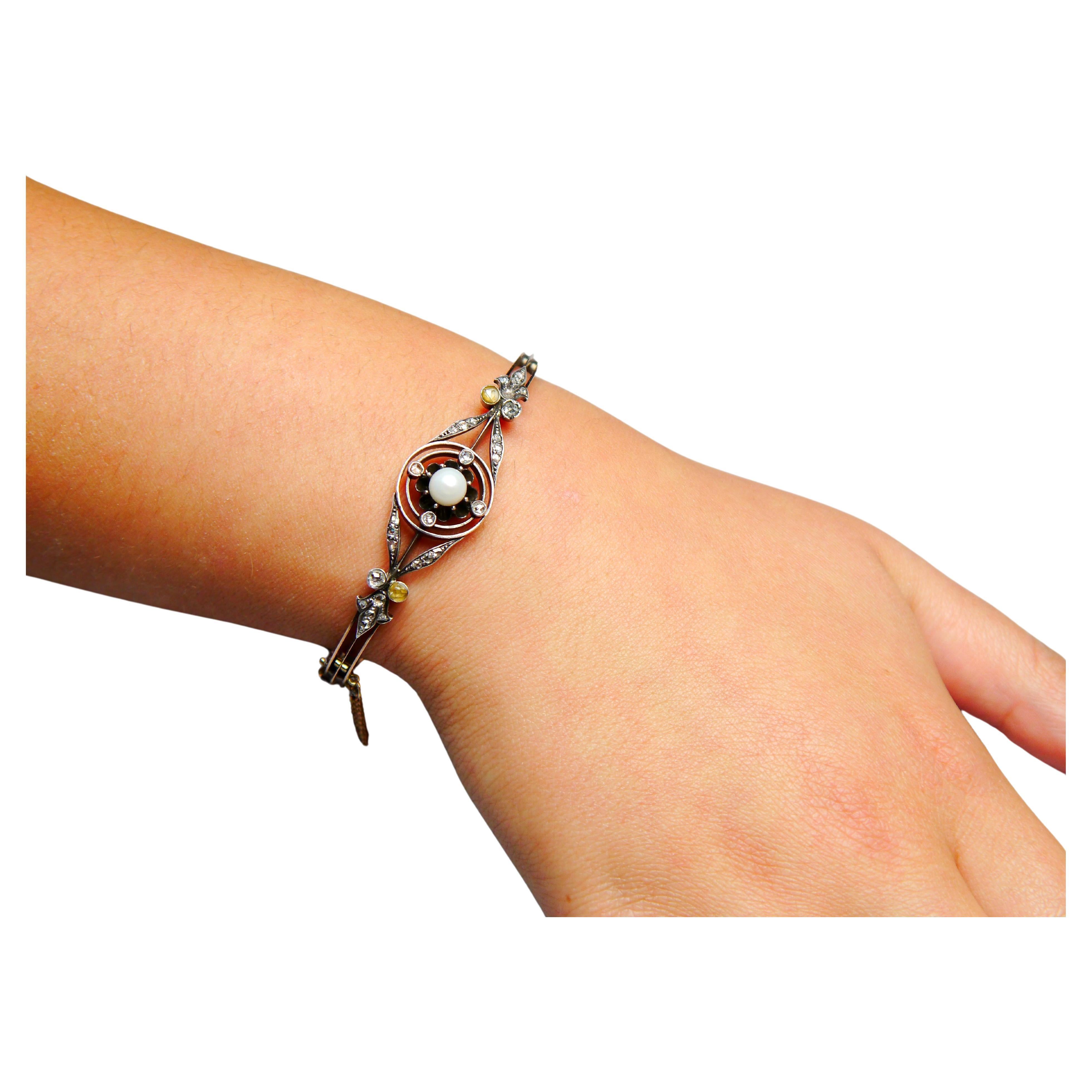 Antique German Bangle Bracelet 1ctw Diamonds Pearl 14K Rose Gold Silver /16.5grg For Sale