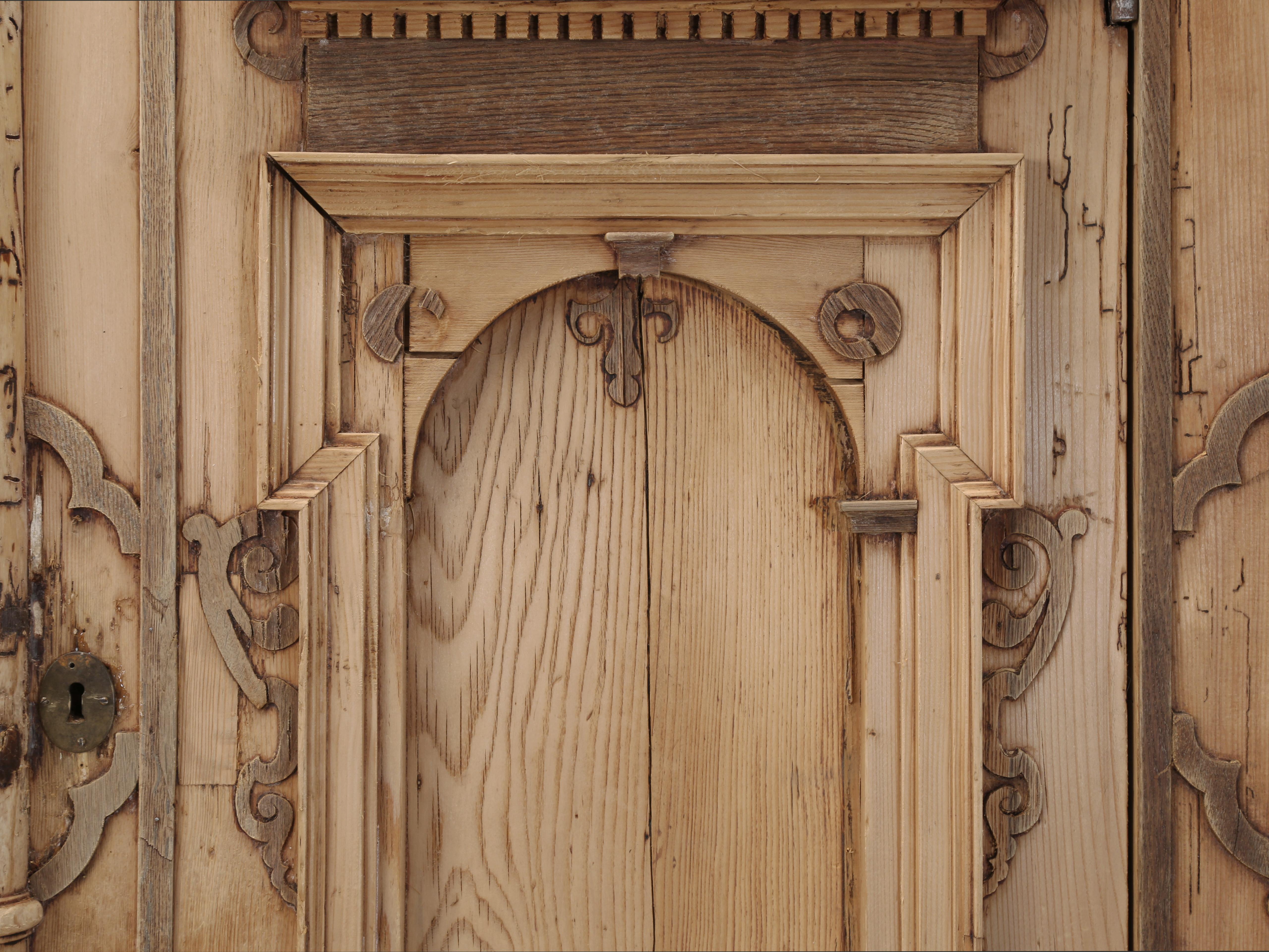 Antique German Baroque Armoire or Cabinet in Stripped Pine Made in the 1700's For Sale 1