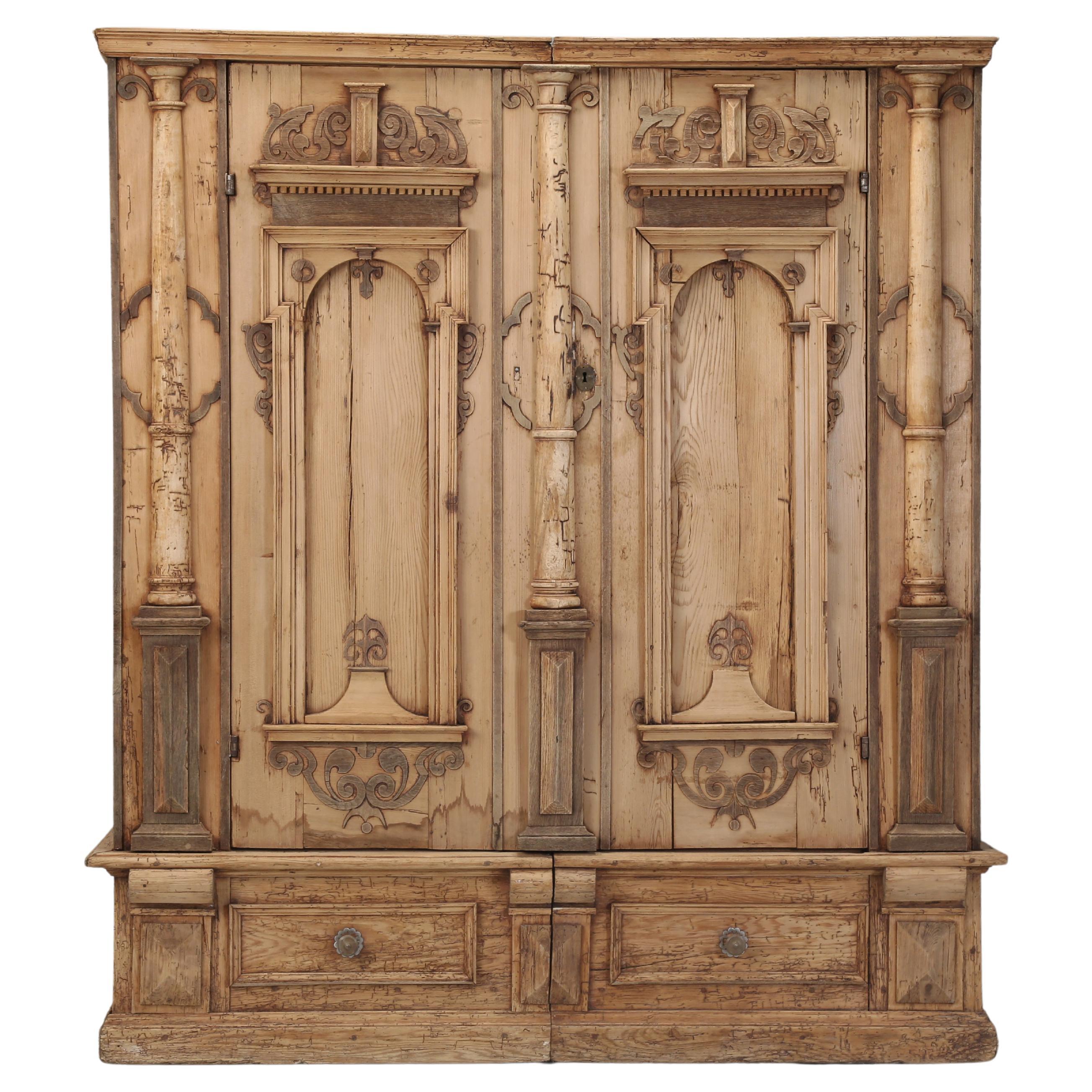 Antique German Baroque Armoire or Cabinet in Stripped Pine Made in the 1700's For Sale