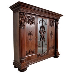 Antique German Baroque Revival Carved Oak Bookcase Bibliotheque Library Cabinet