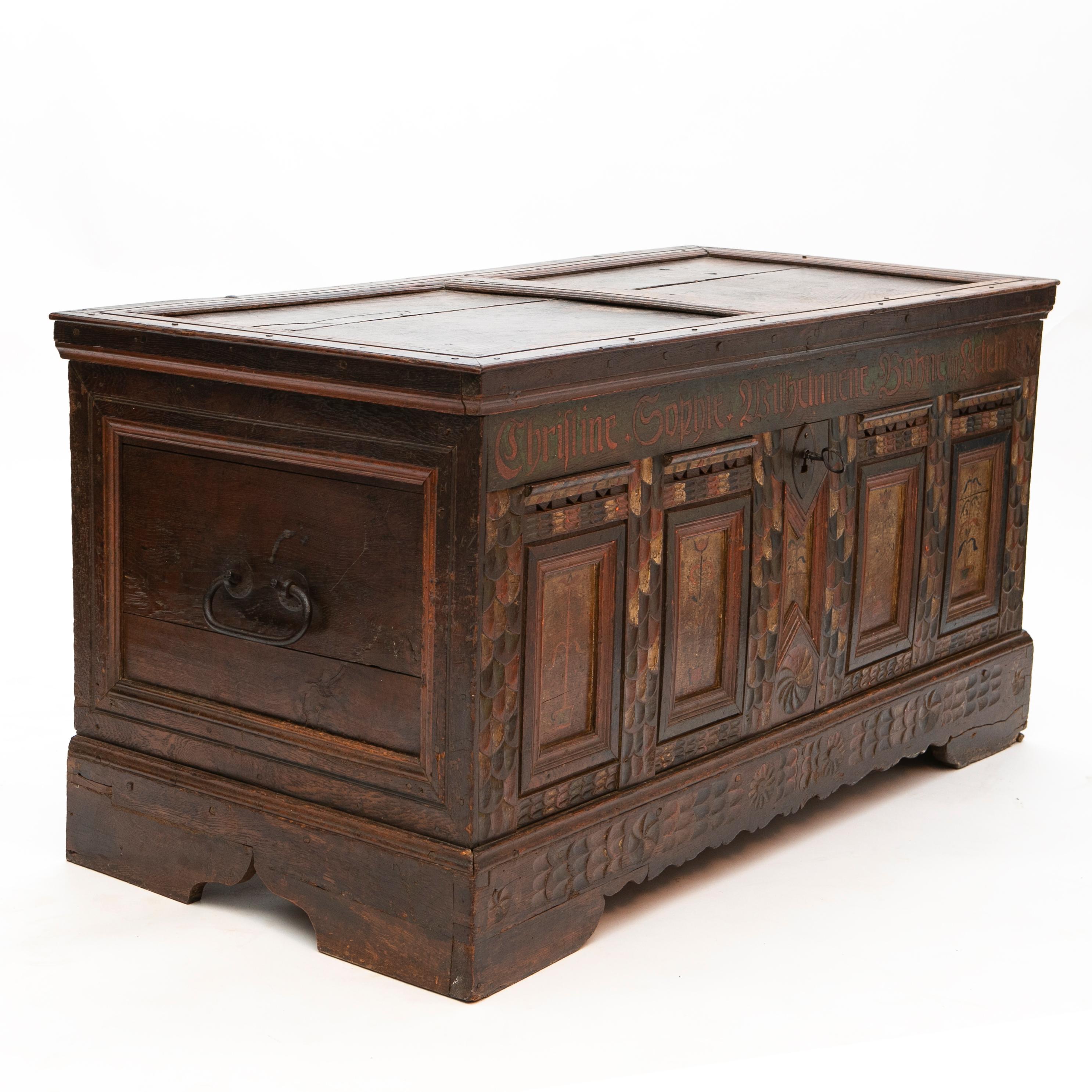 Hand-Painted Decorated Oak Baroque Storage Chest For Sale