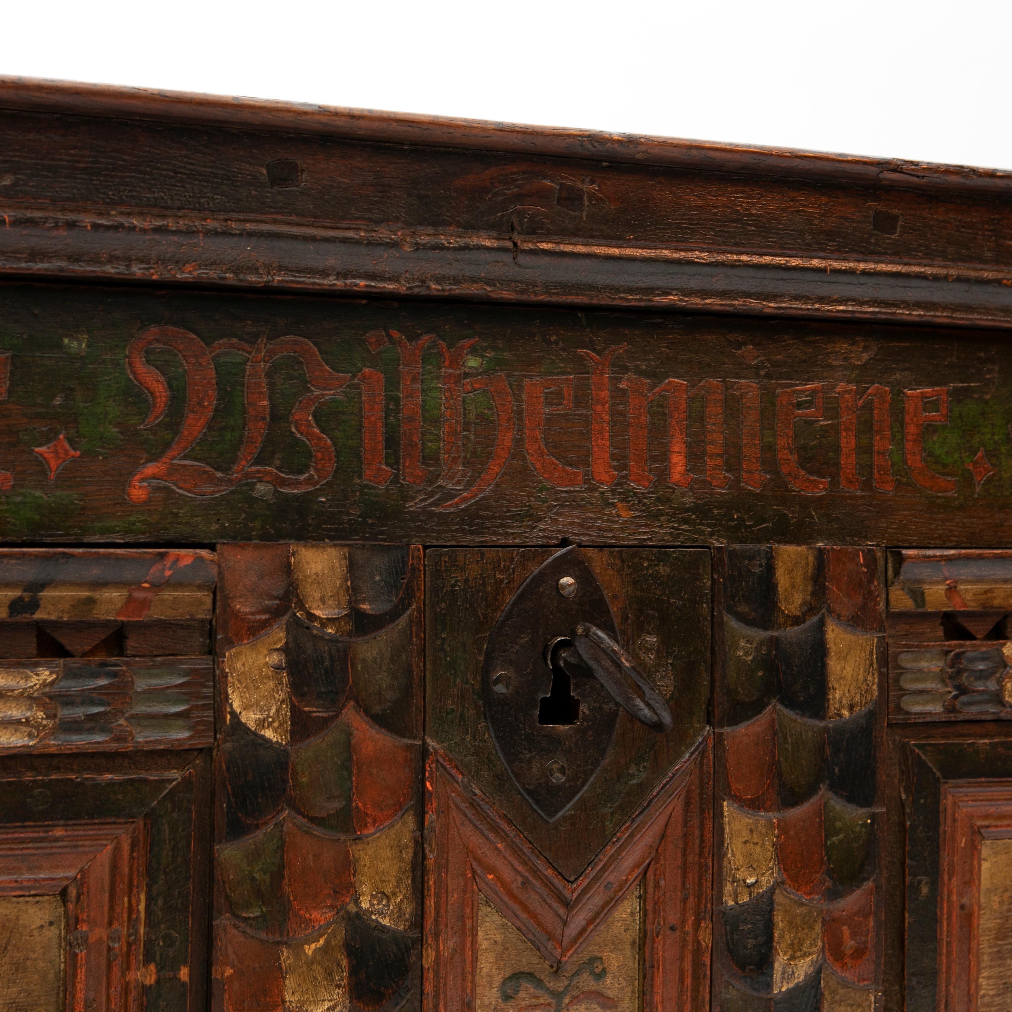 18th Century and Earlier Decorated Oak Baroque Storage Chest For Sale