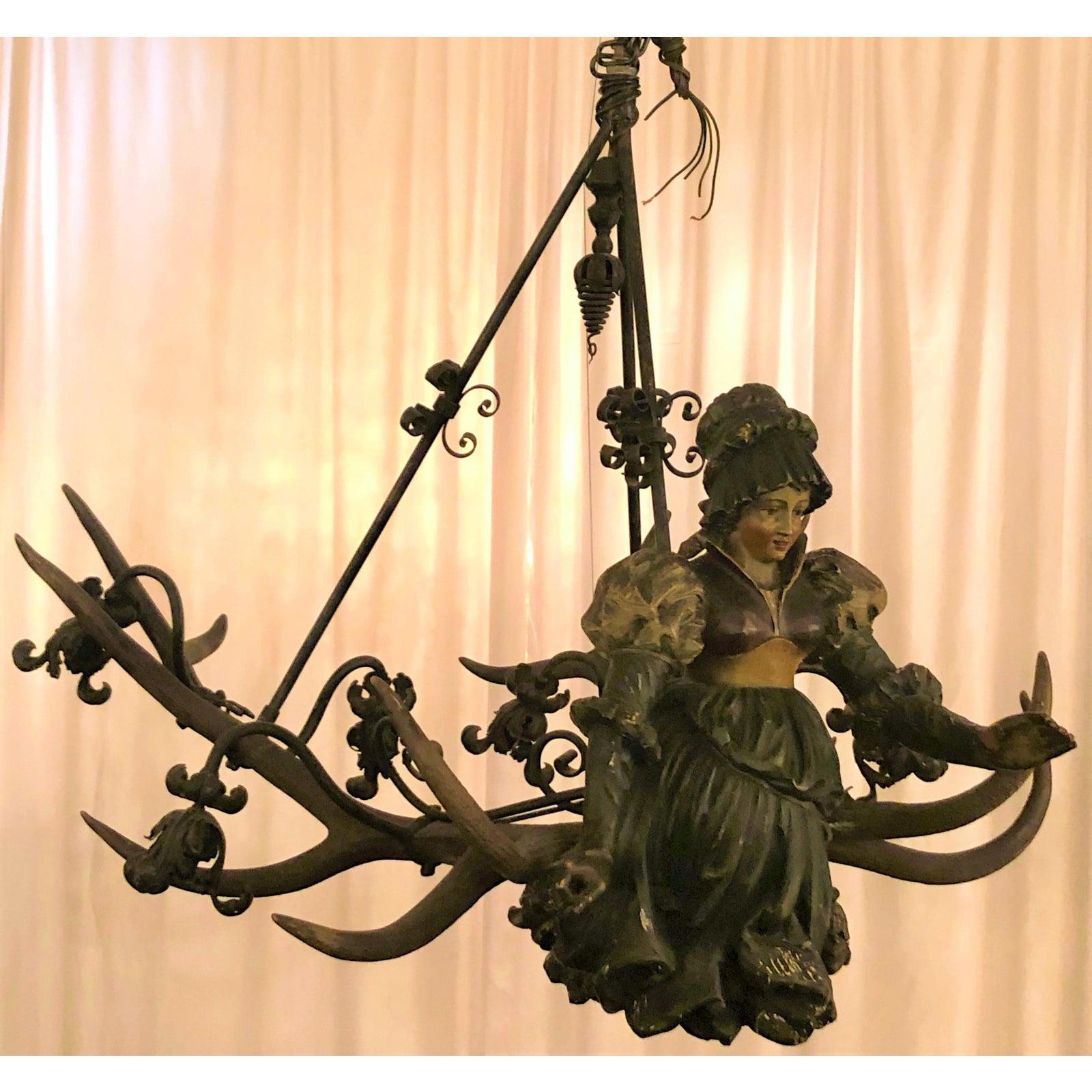 Rustic Antique German Bavarian Carved Wood Tavern Chandelier, circa 1890