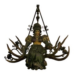 Antique German Bavarian Carved Wood Tavern Chandelier, circa 1890