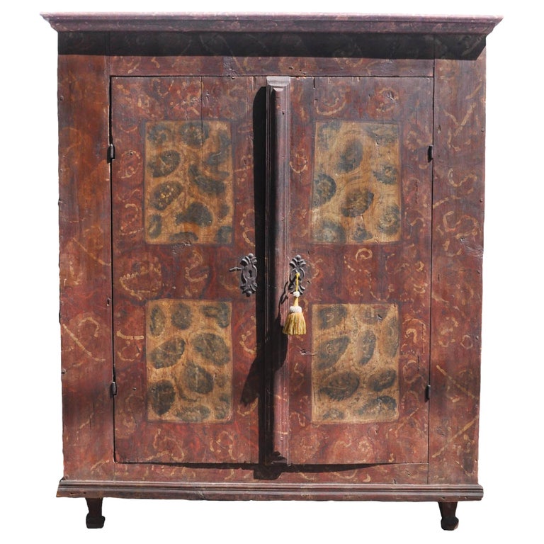 Antique German Bavarian Hand Painted Pine Cabinet Armoire Kas