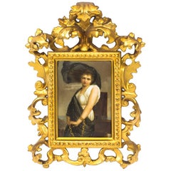 Antique German Berlin Porcelain Plaque Florentine Frame, 19th Century