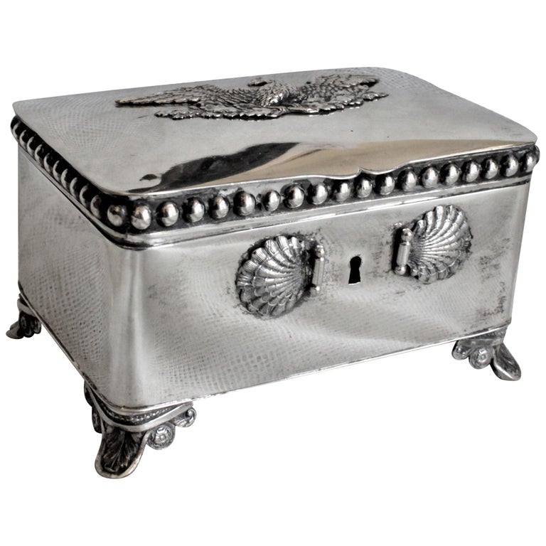 Antique German Biedermeier Footed Silver Sugar Chest or Box For Sale