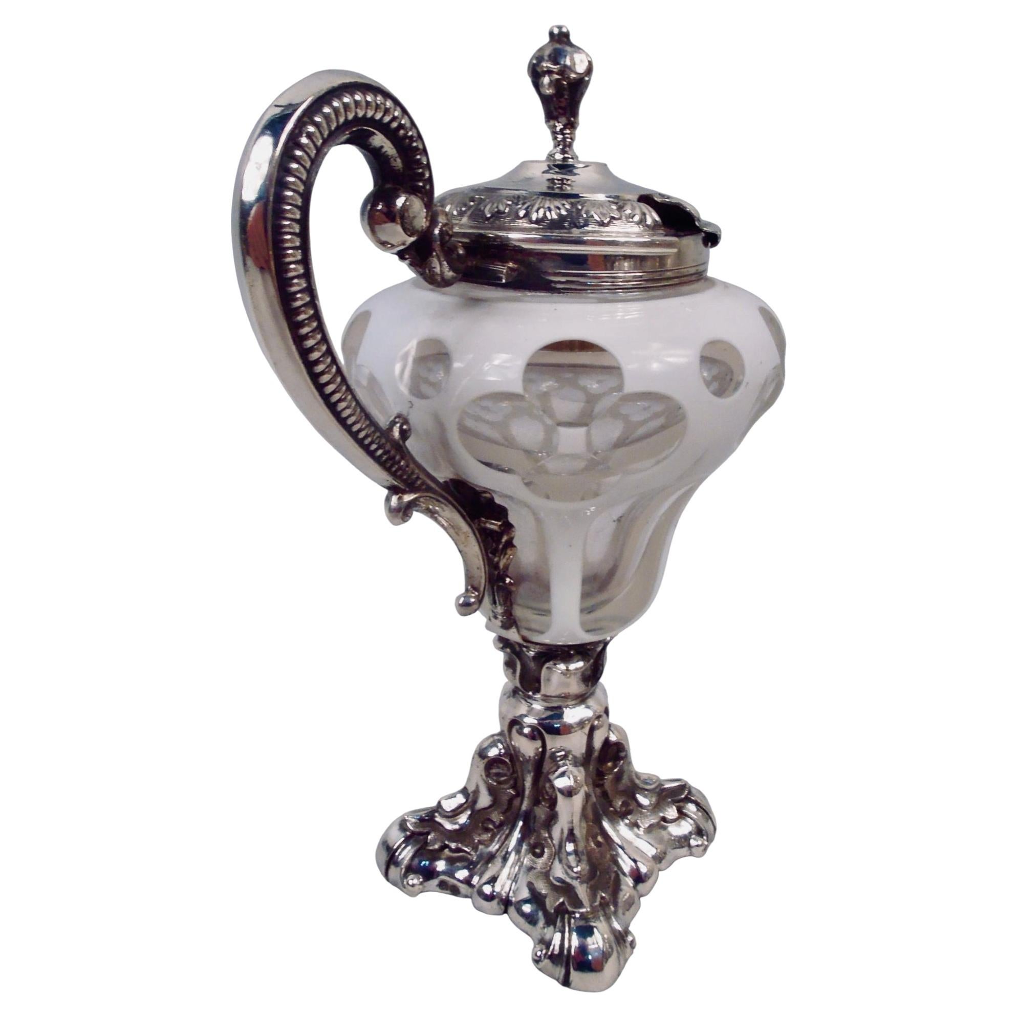 Antique German Biedermeier Gothic Silver & Glass Mustard Pot