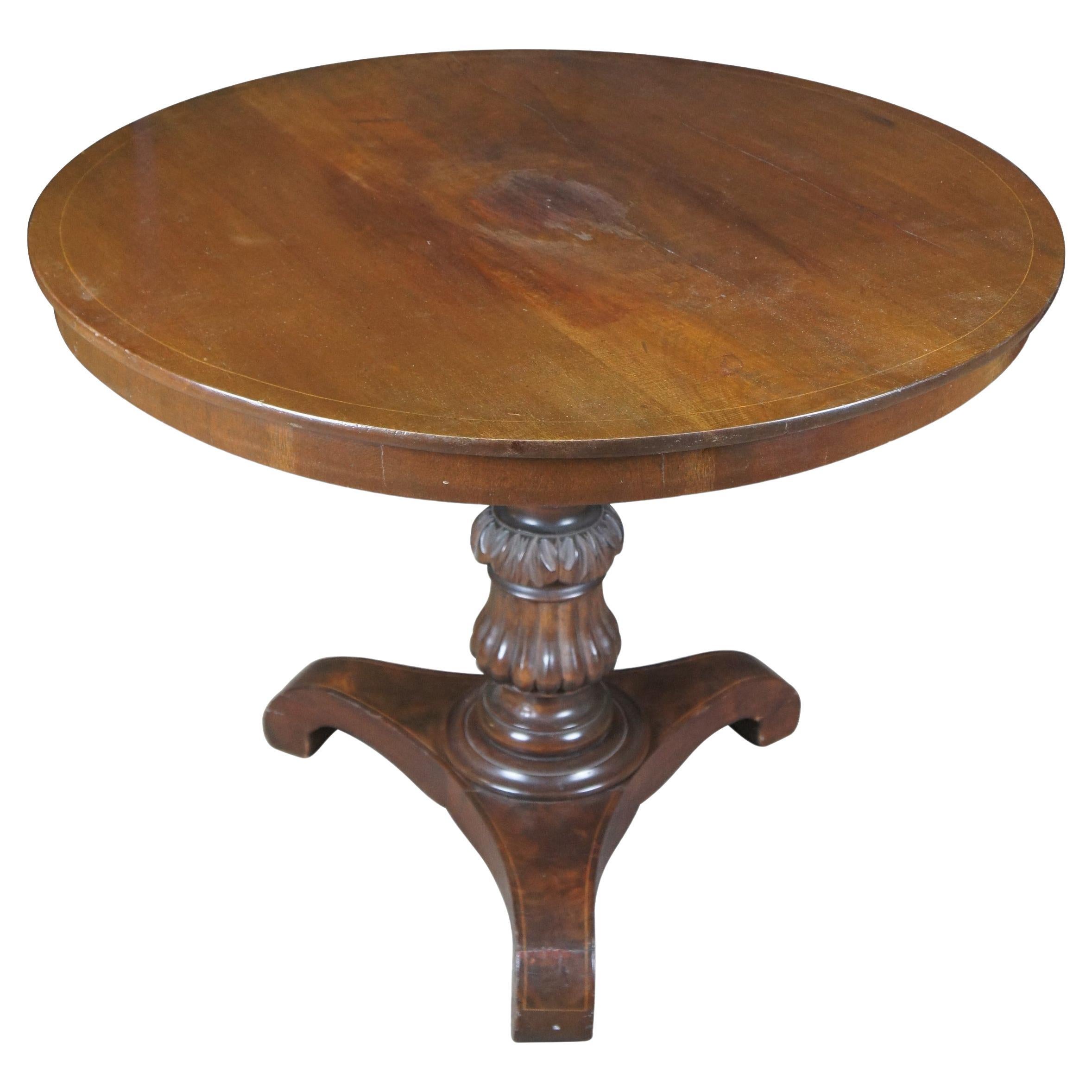 Antique German Biedermeier Mahogany Inlaid Round Center Pedestal Table 36"