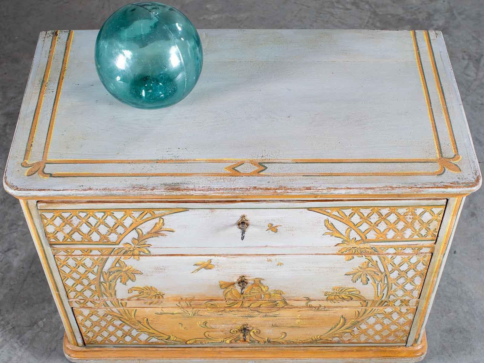 Hand-Painted Antique German Biedermeier Painted Chest Three-Drawers For Sale
