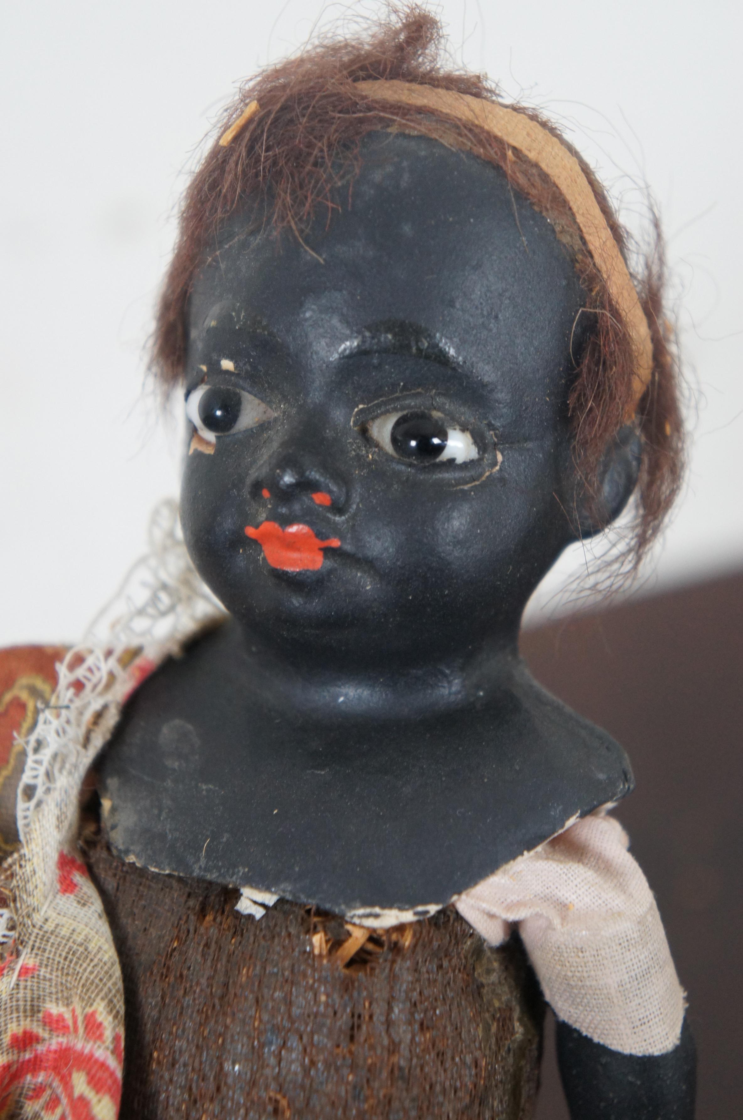 Antike deutsche Biskuit Schwarz Ebenholz Mädchen Puppe Tuch Körper Leder Füße im Angebot 6