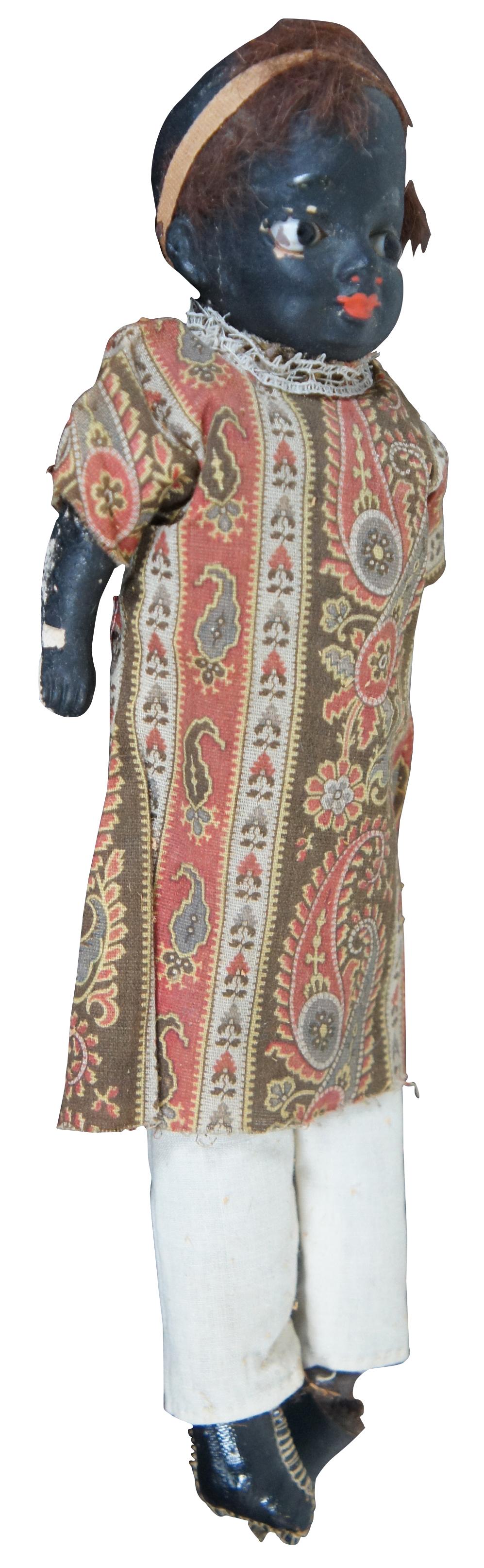 Antike deutsche Biskuit Schwarz Ebenholz Mädchen Puppe Tuch Körper Leder Füße (Viktorianisch) im Angebot