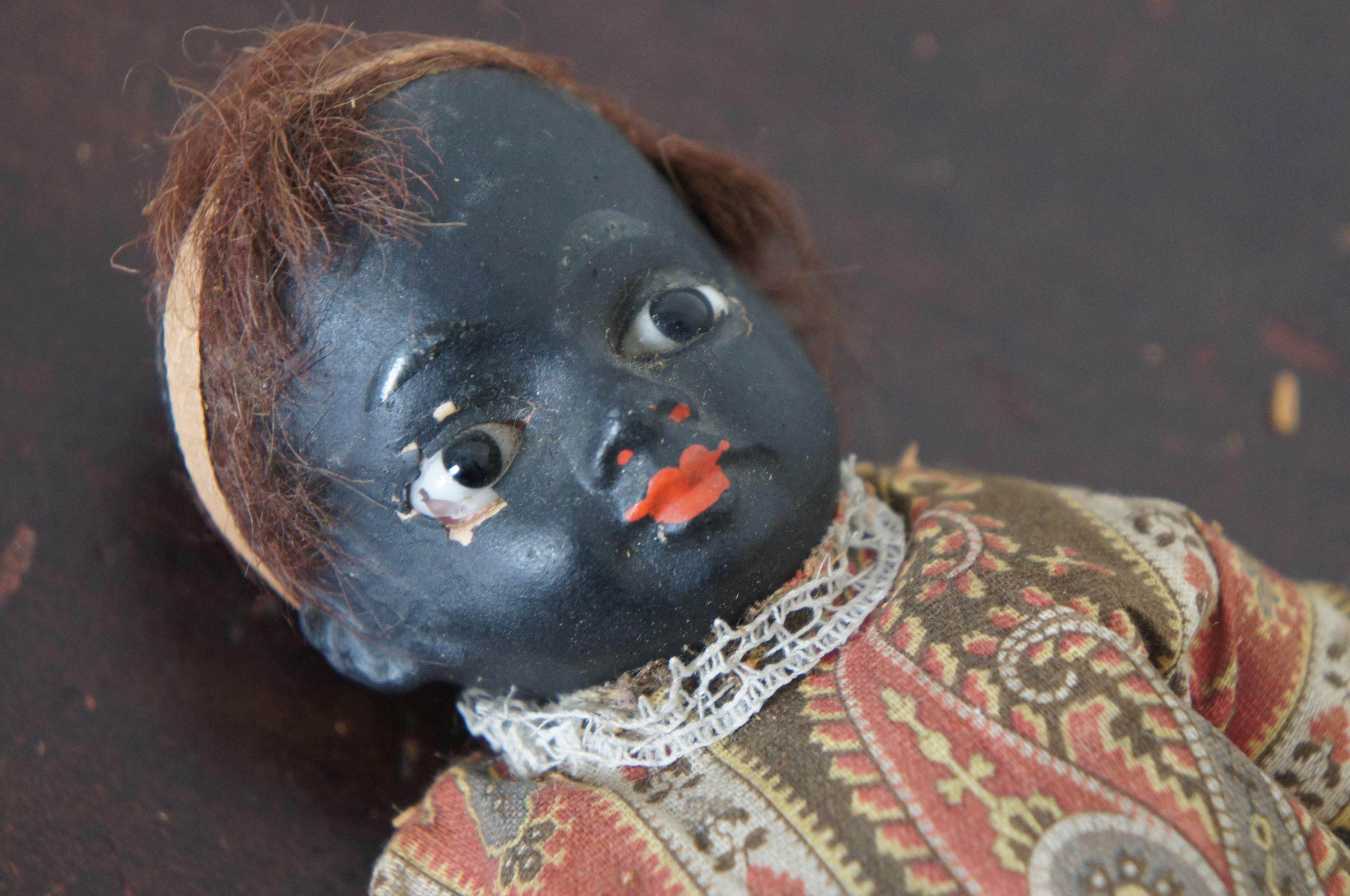 Antike deutsche Biskuit Schwarz Ebenholz Mädchen Puppe Tuch Körper Leder Füße im Zustand „Gut“ im Angebot in Dayton, OH