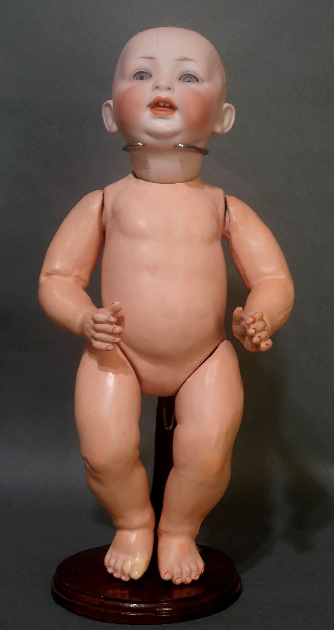 Antique German Bisque Doll #152/4 Happy Character Baby by Hertel Schwab In Good Condition For Sale In Norton, MA