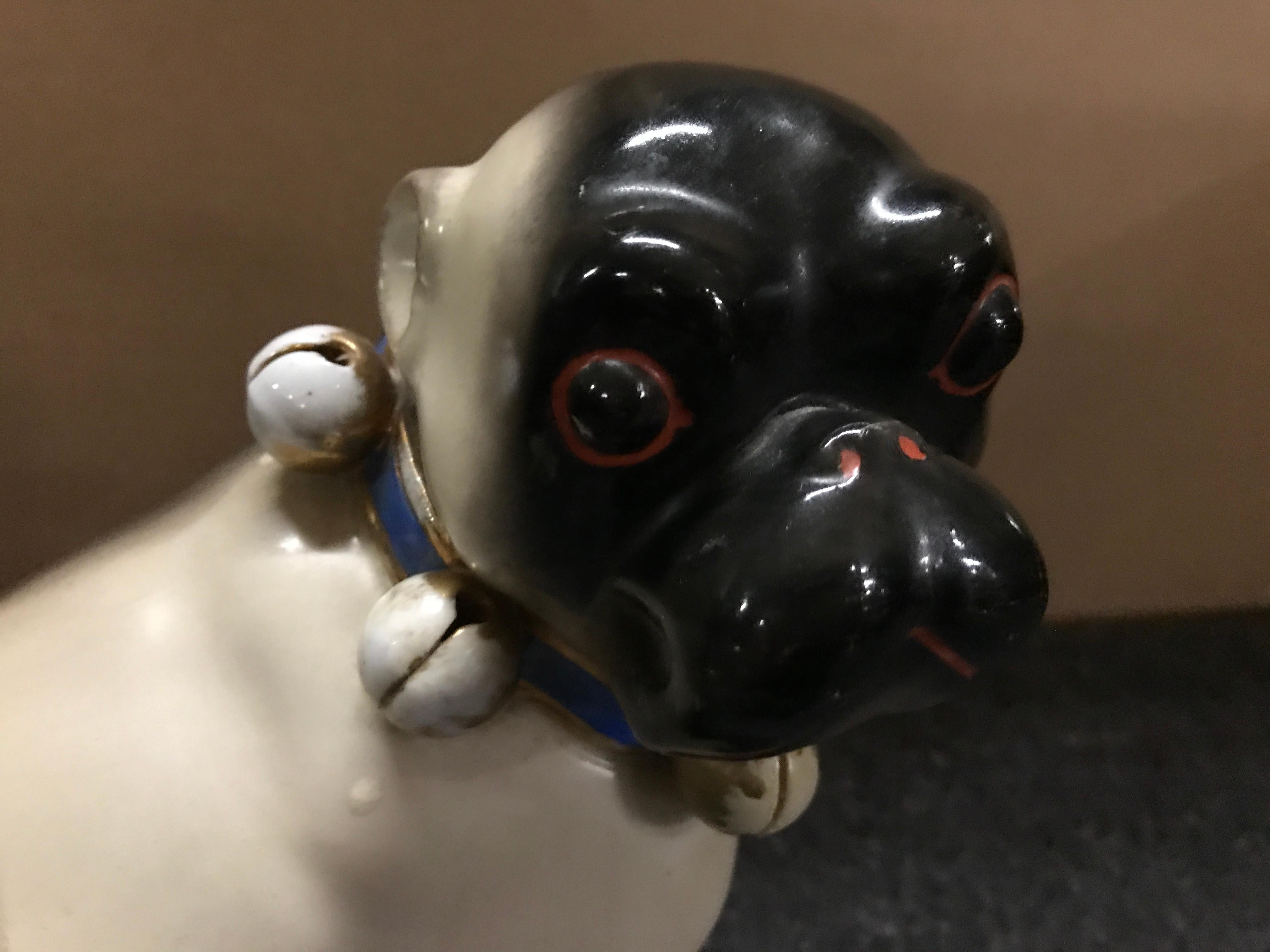 High Victorian Antique German Black Faced Seated Pug Dog For Sale