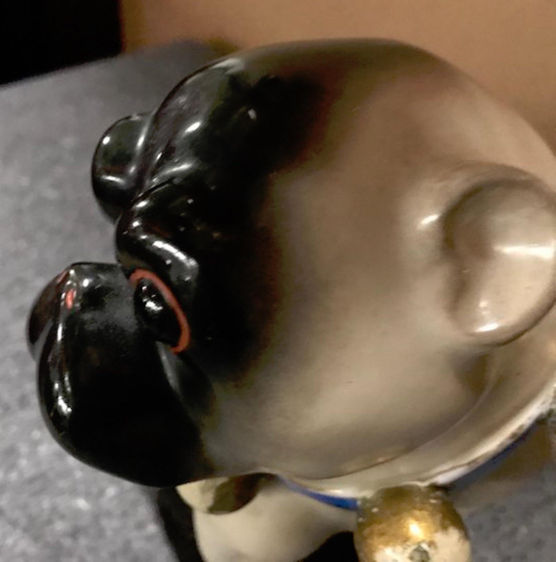 Hand-Painted Antique German Black Faced Seated Pug Dog For Sale