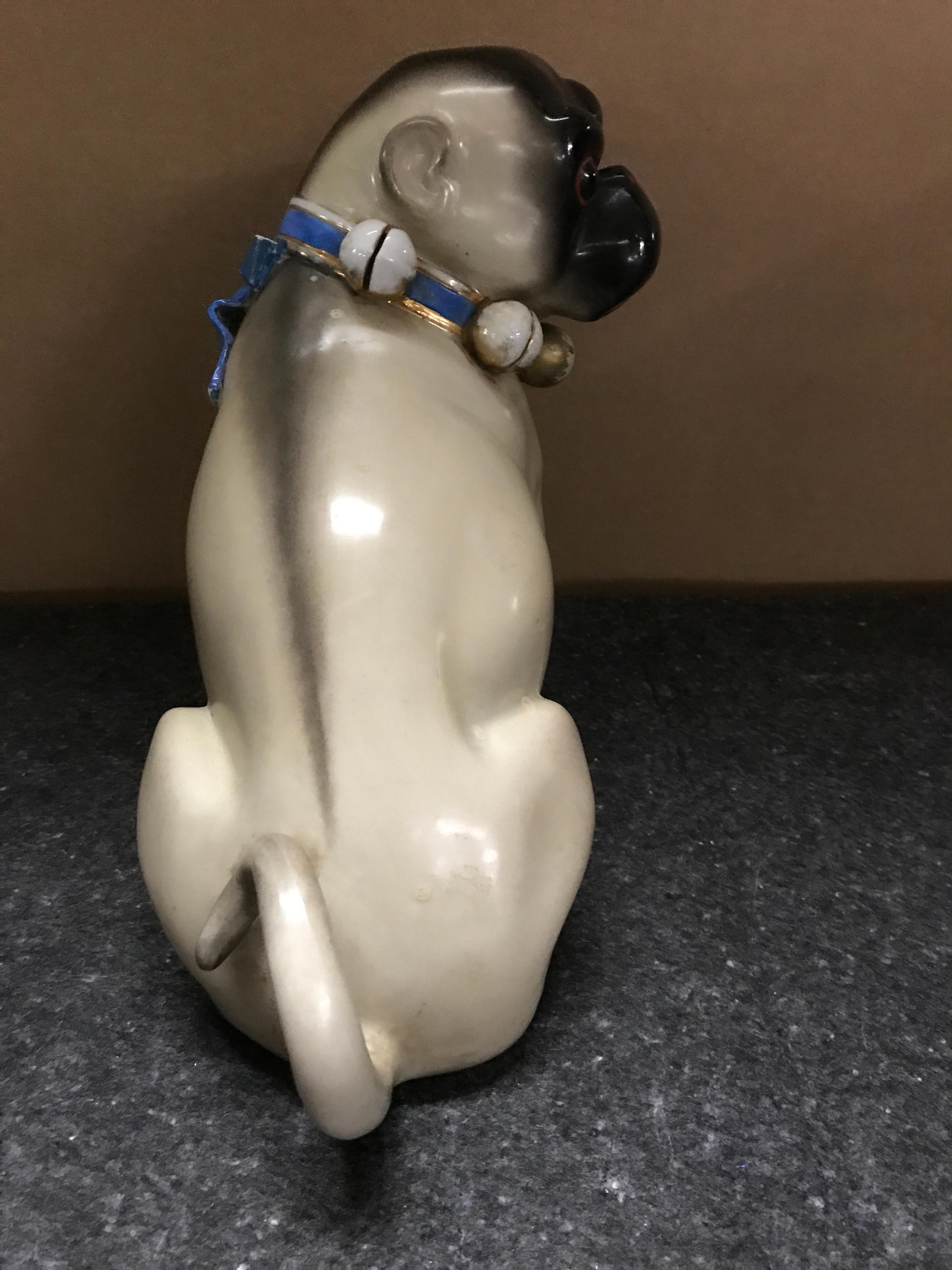 Porcelain Antique German Black Faced Seated Pug Dog For Sale