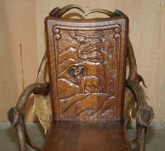 ANTiQUE GERMAN BLACK FOREST CARved RAMS HEAD ANTLER SUPPER TABLE PART OF A SUITE