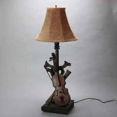 Antique German Black Forest Carved Violin Musical Group Table Lamp, c1880