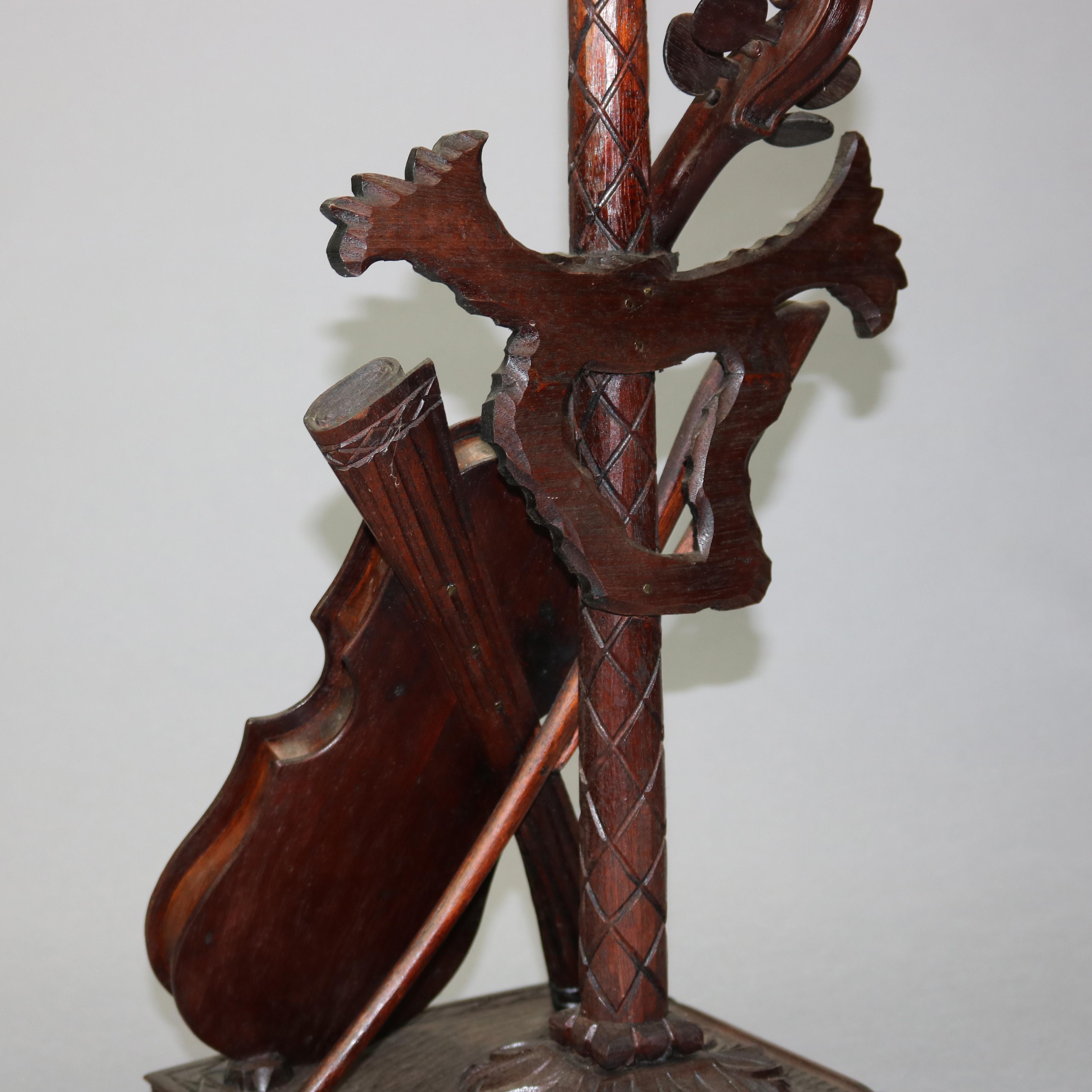 Folk Art Antique German Black Forest Carved Violin Musical Group Table Lamp, c1880