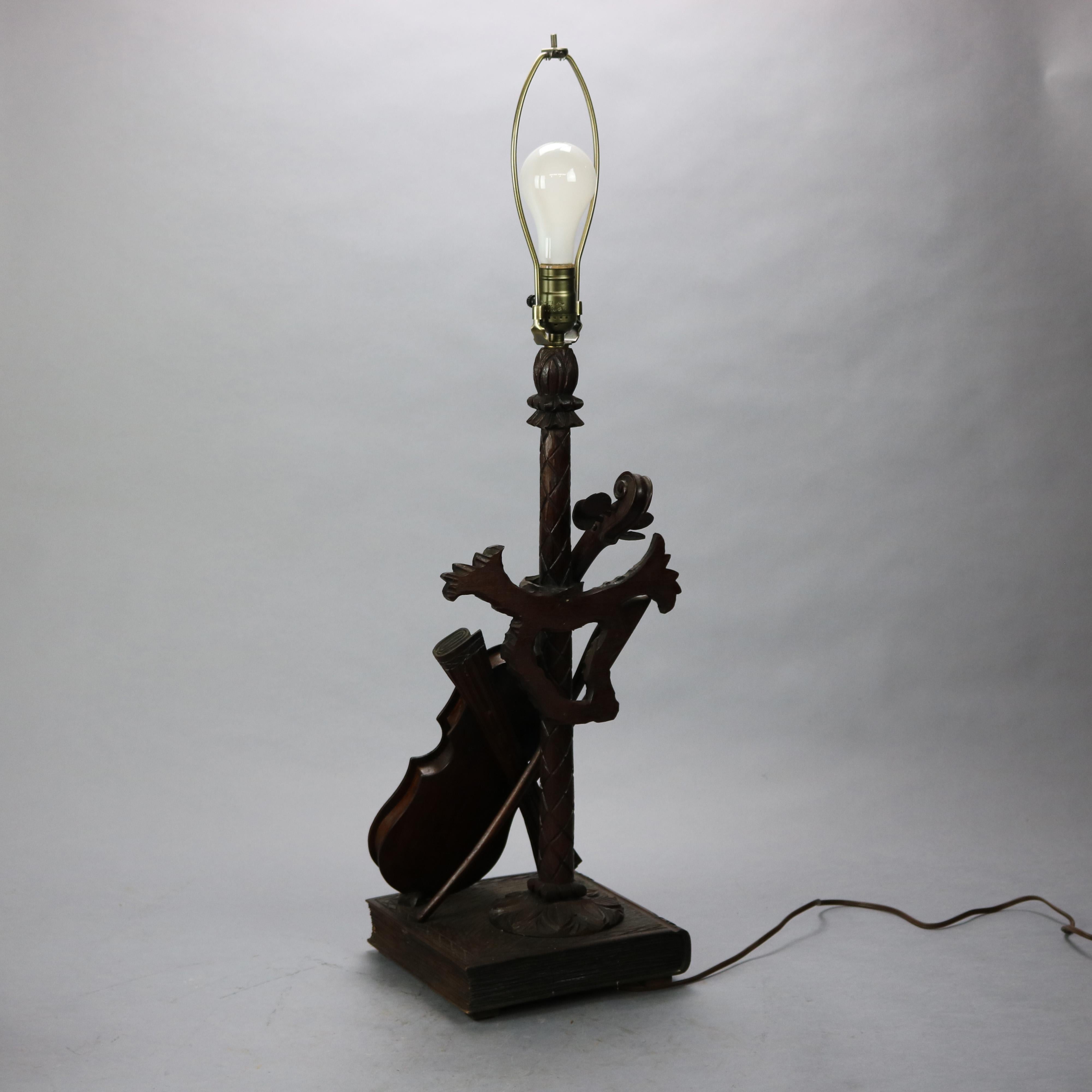 Antique German Black Forest Carved Violin Musical Group Table Lamp, c1880 In Good Condition In Big Flats, NY