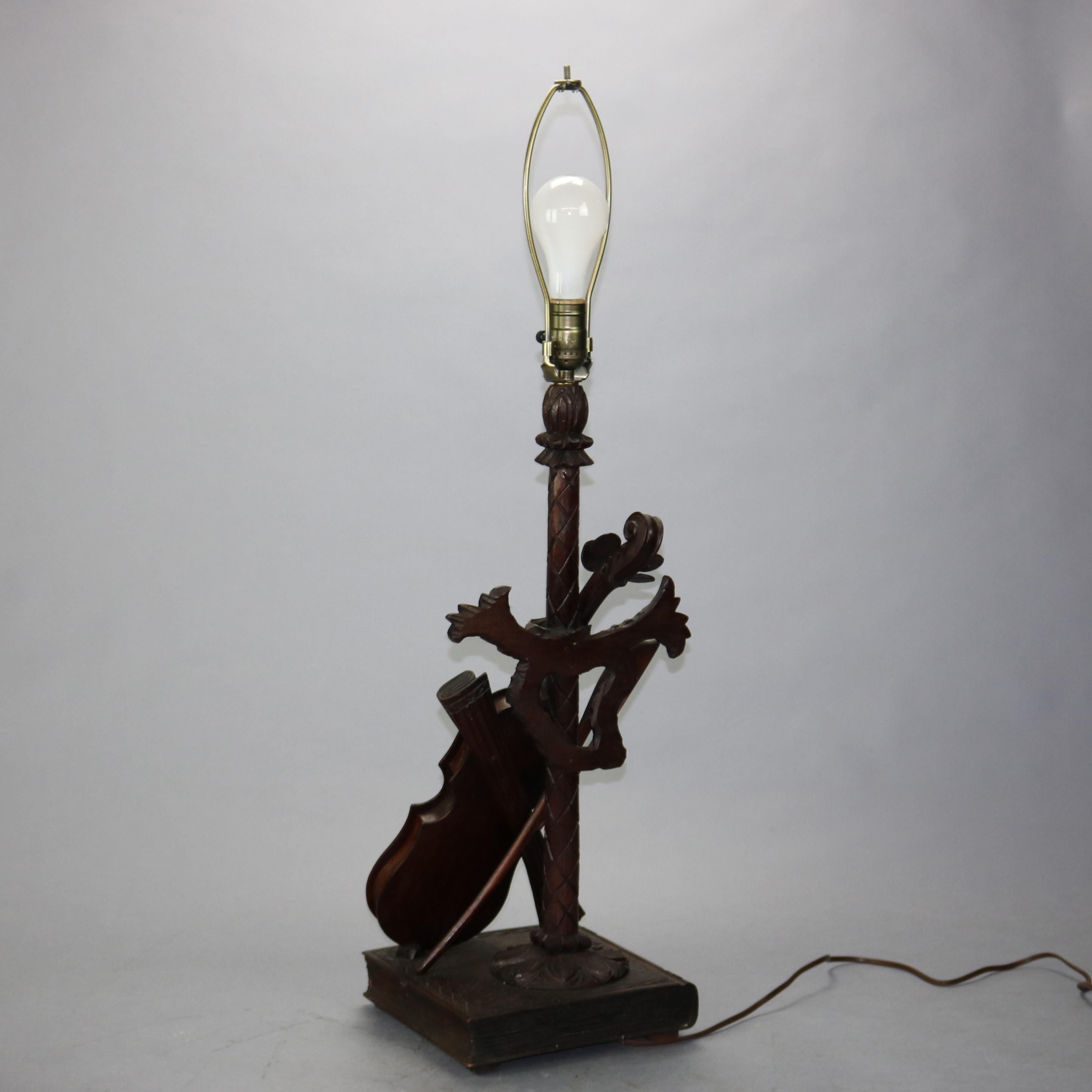 Wood Antique German Black Forest Carved Violin Musical Group Table Lamp, c1880