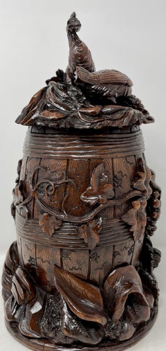 Antique German Black Forest Carved Walnut Stein or Tankard, Circa 1880s