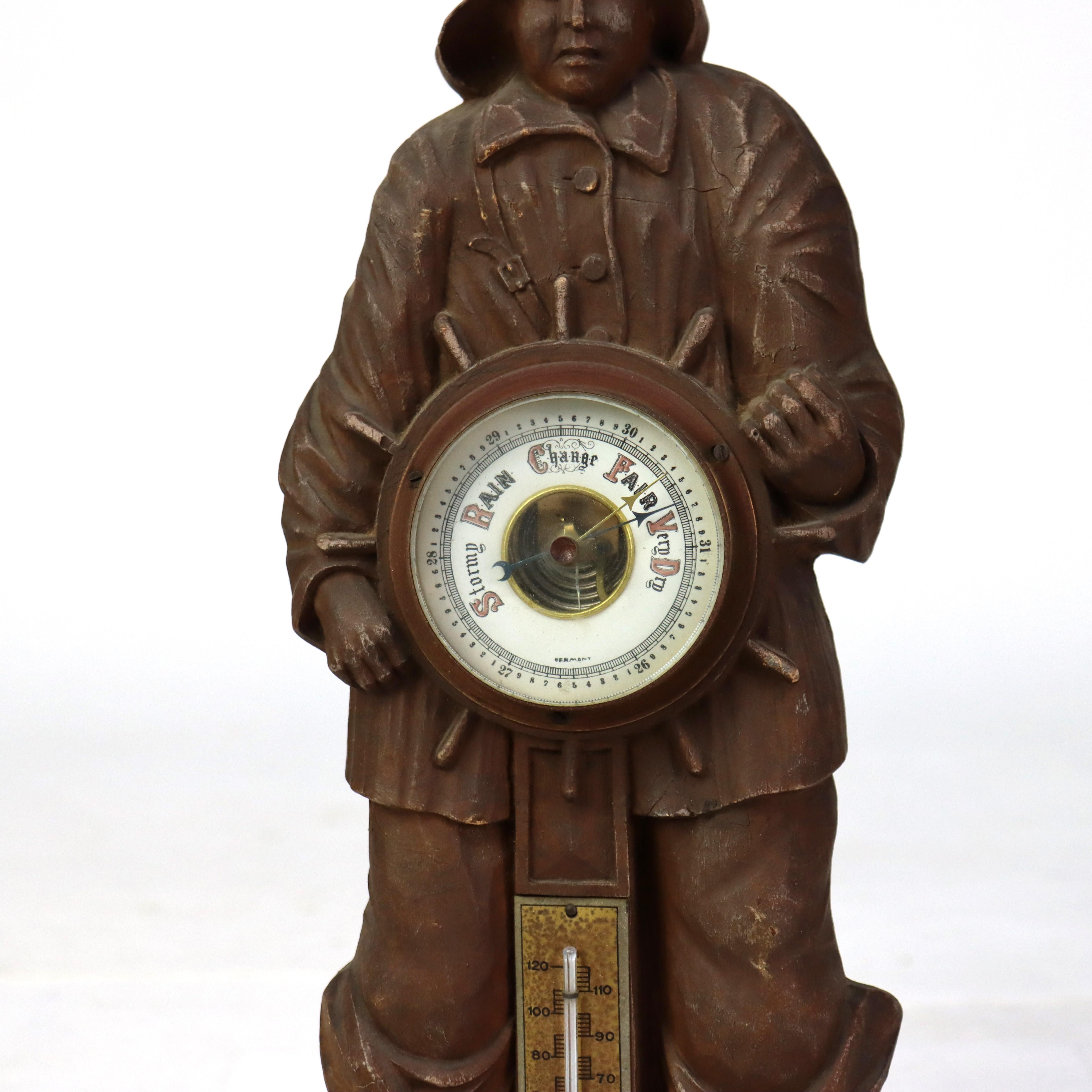Wood Antique German Black Forest Figural Carved Barometer with Ship Captain C1900 For Sale