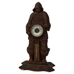 Antiguo Barómetro Alemán Tallado Figural Black Forest con Capitán de Barco C1900