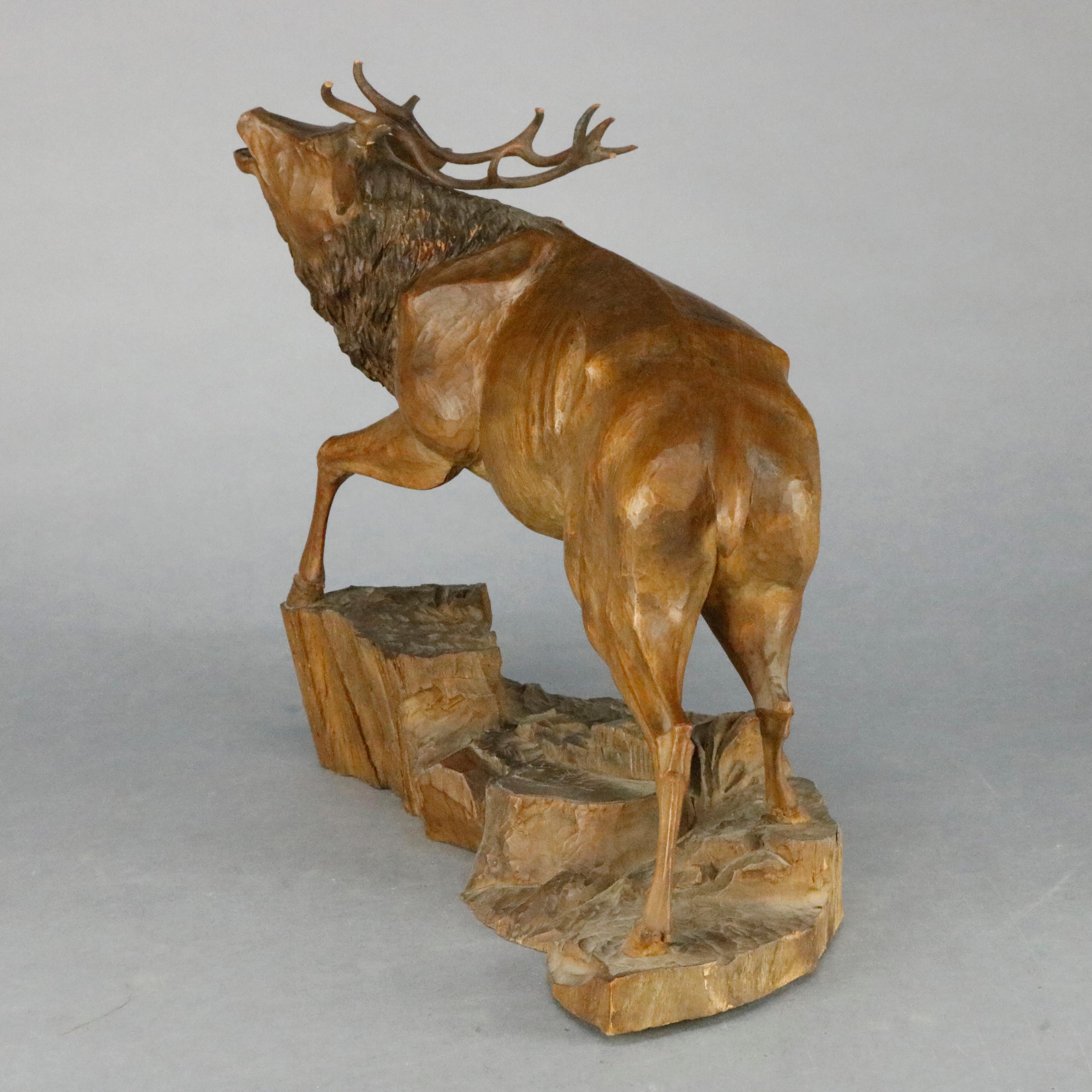 Hand-Carved Antique German Black Forest Hand Carved Wood Stag, circa 1890