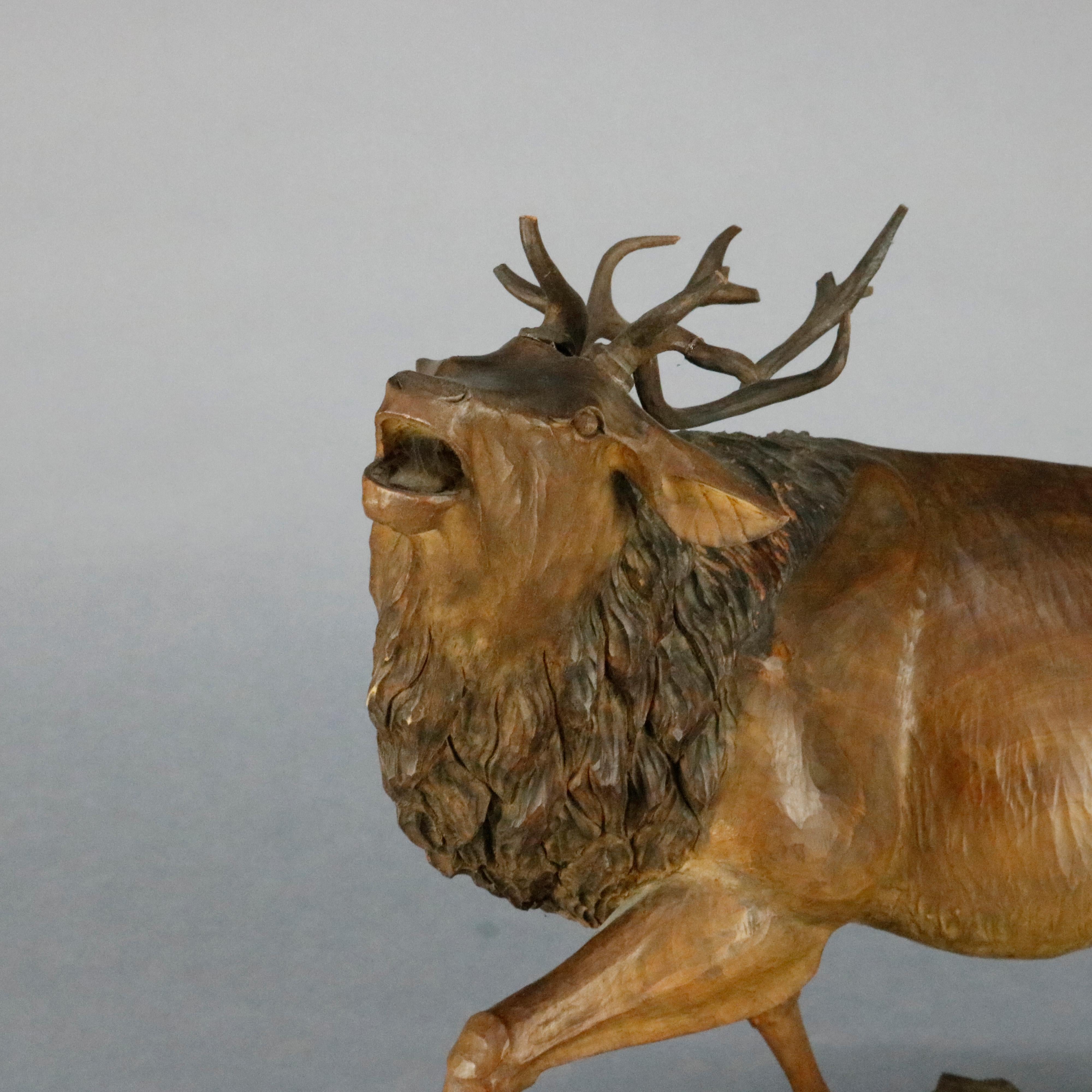 Antique German Black Forest Hand Carved Wood Stag, circa 1890 In Good Condition In Big Flats, NY