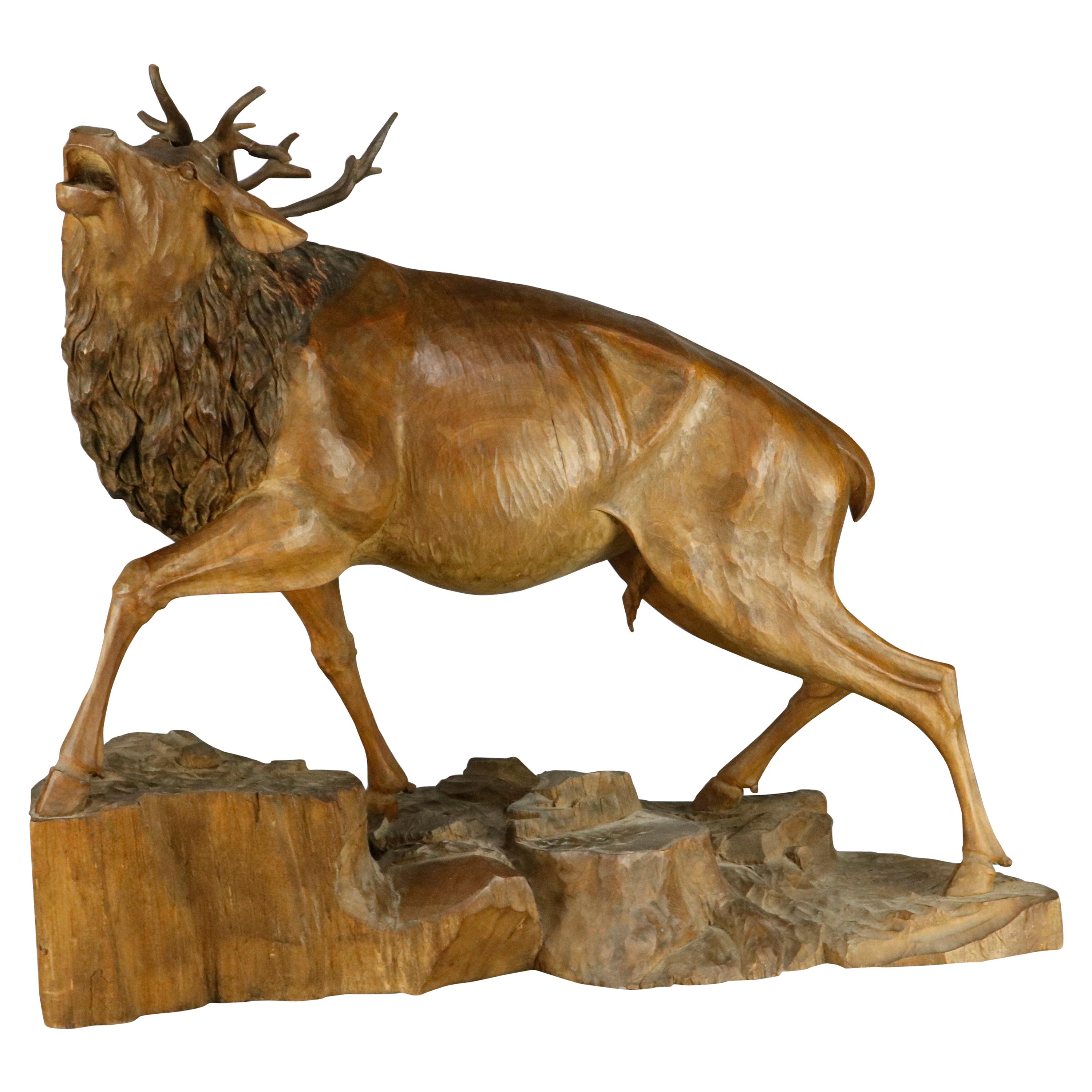 Antique German Black Forest Hand Carved Wood Stag, circa 1890