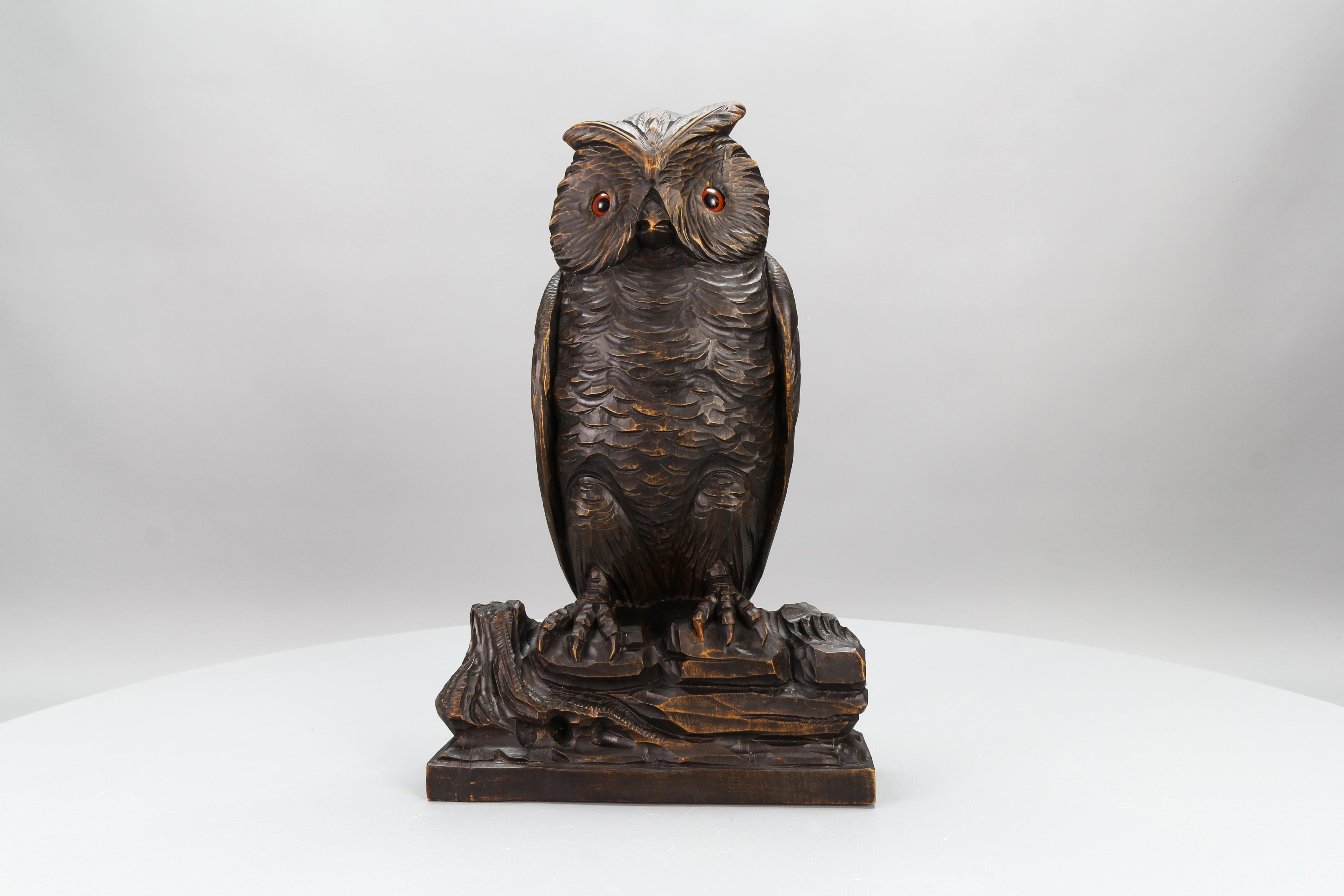 Antique German Black Forest Style Carved Owl Sculpture with Glass Eyes, ca. 1920 For Sale 6