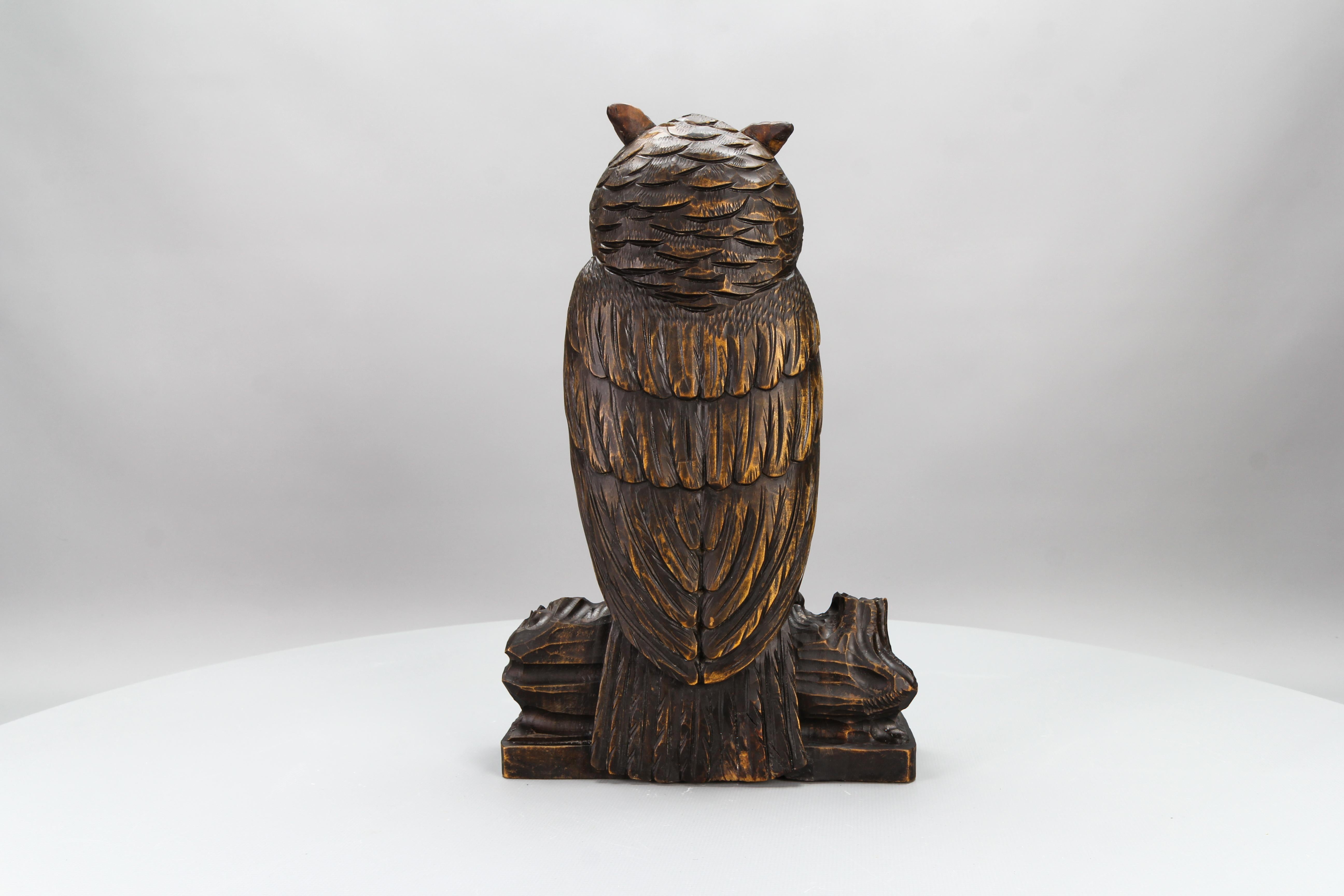Wood Antique German Black Forest Style Carved Owl Sculpture with Glass Eyes, ca. 1920 For Sale