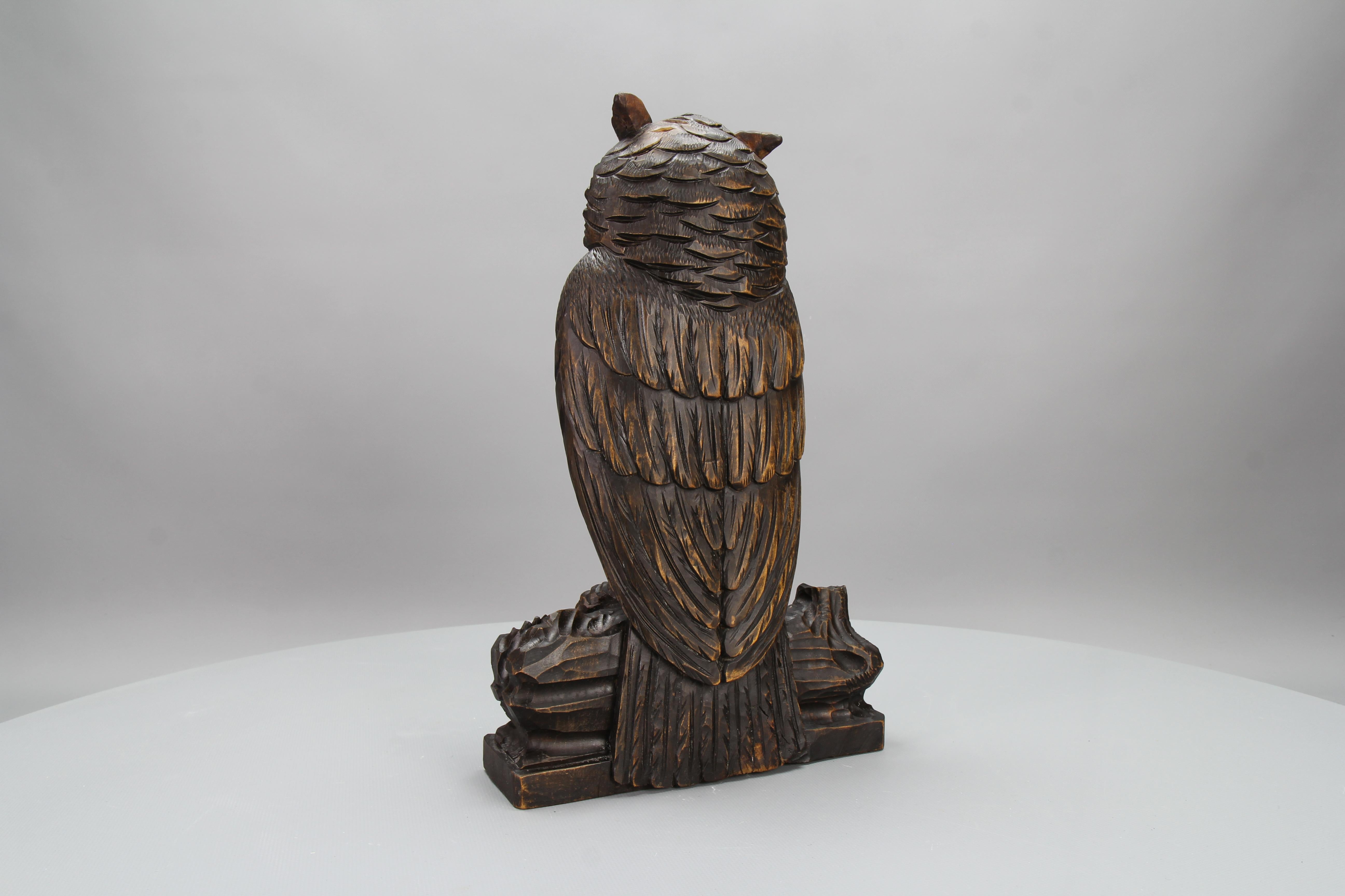 Antique German Black Forest Style Carved Owl Sculpture with Glass Eyes, ca. 1920 For Sale 2