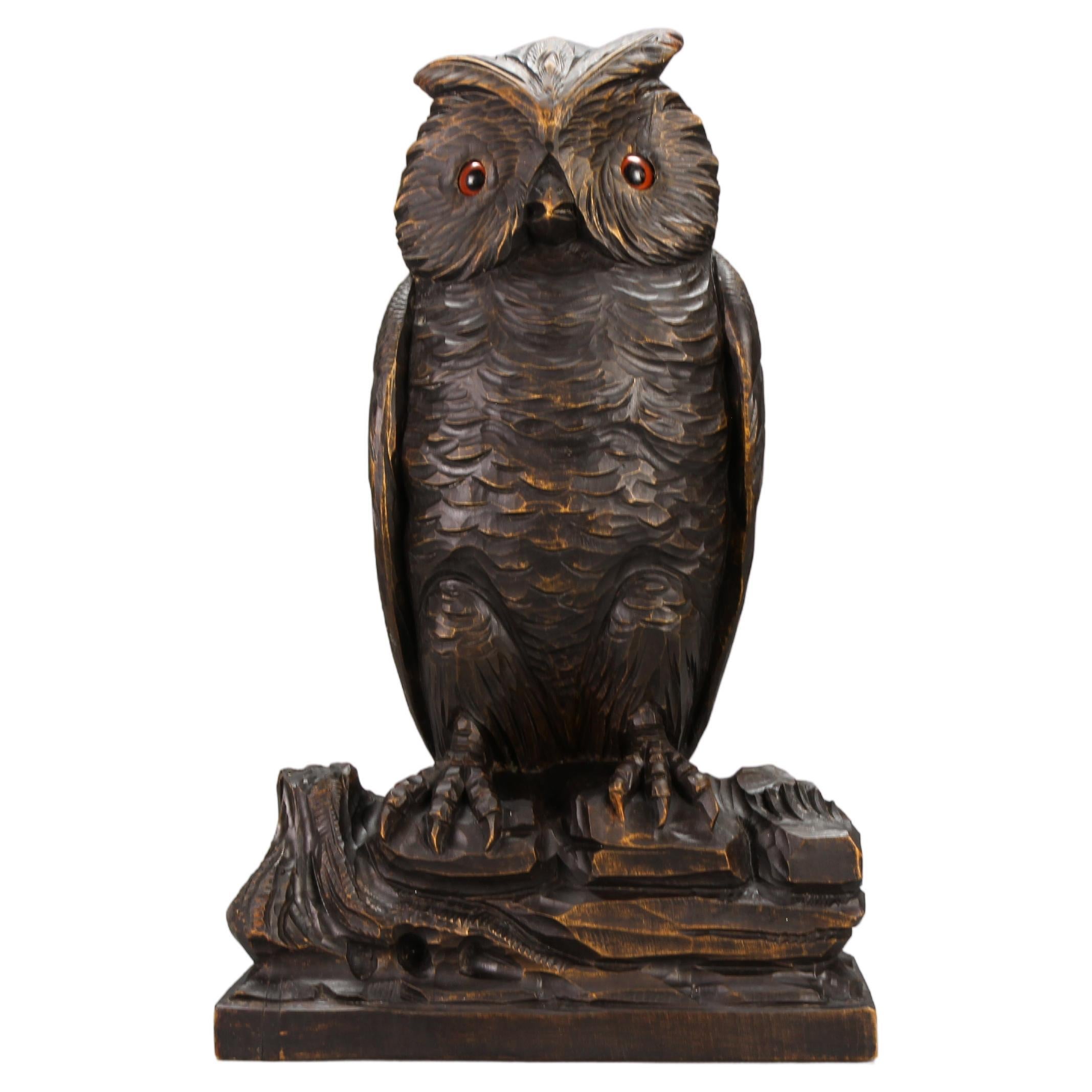 Antique German Black Forest Style Carved Owl Sculpture with Glass Eyes, ca. 1920 For Sale