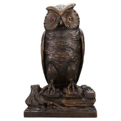 Vintage German Black Forest Style Carved Owl Sculpture with Glass Eyes, ca. 1920