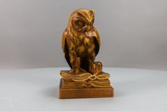 Antique German Black Forest Style Carved Owl with Books Sculpture, ca. 1920