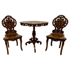Antique German Black Forest Wood-Carved Hunt Table & 2 Chairs, circa 1880-1890